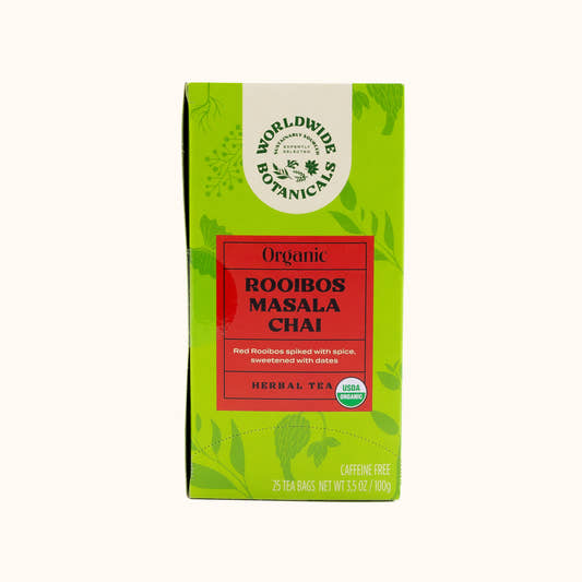 Organic Rooibos Masala Chai red and green tea bag box