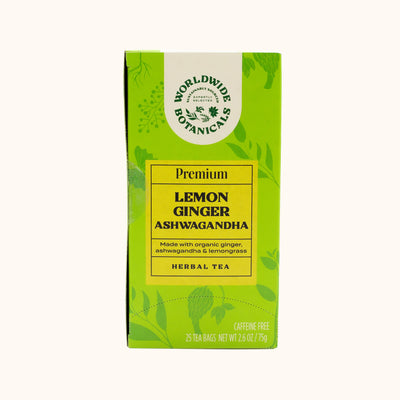 Lemon Ginger Ashwagandha Tea by Worldwide Botanicals green and yellow tea bag box