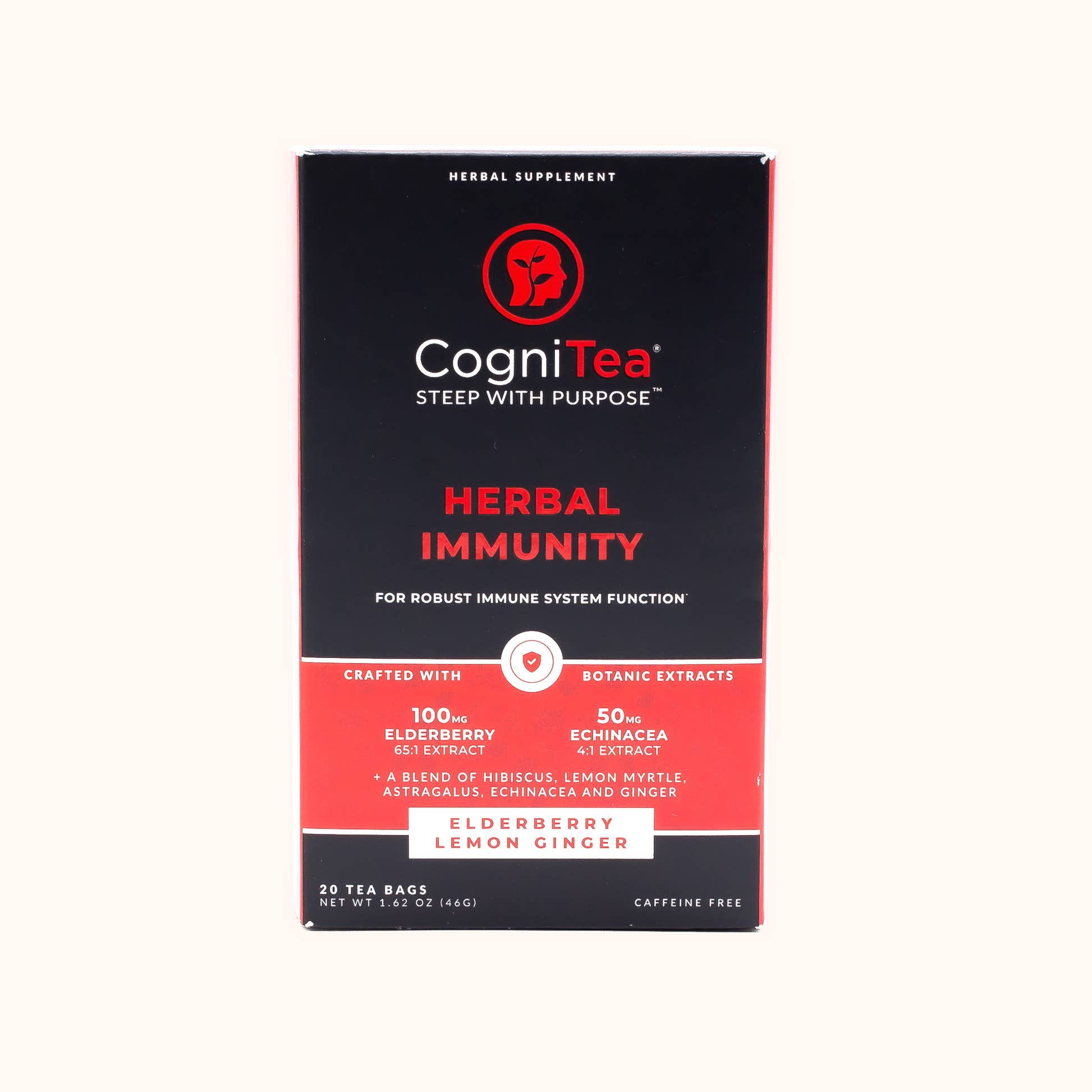 Black and red Herbal Immunity by CogniTea tea box