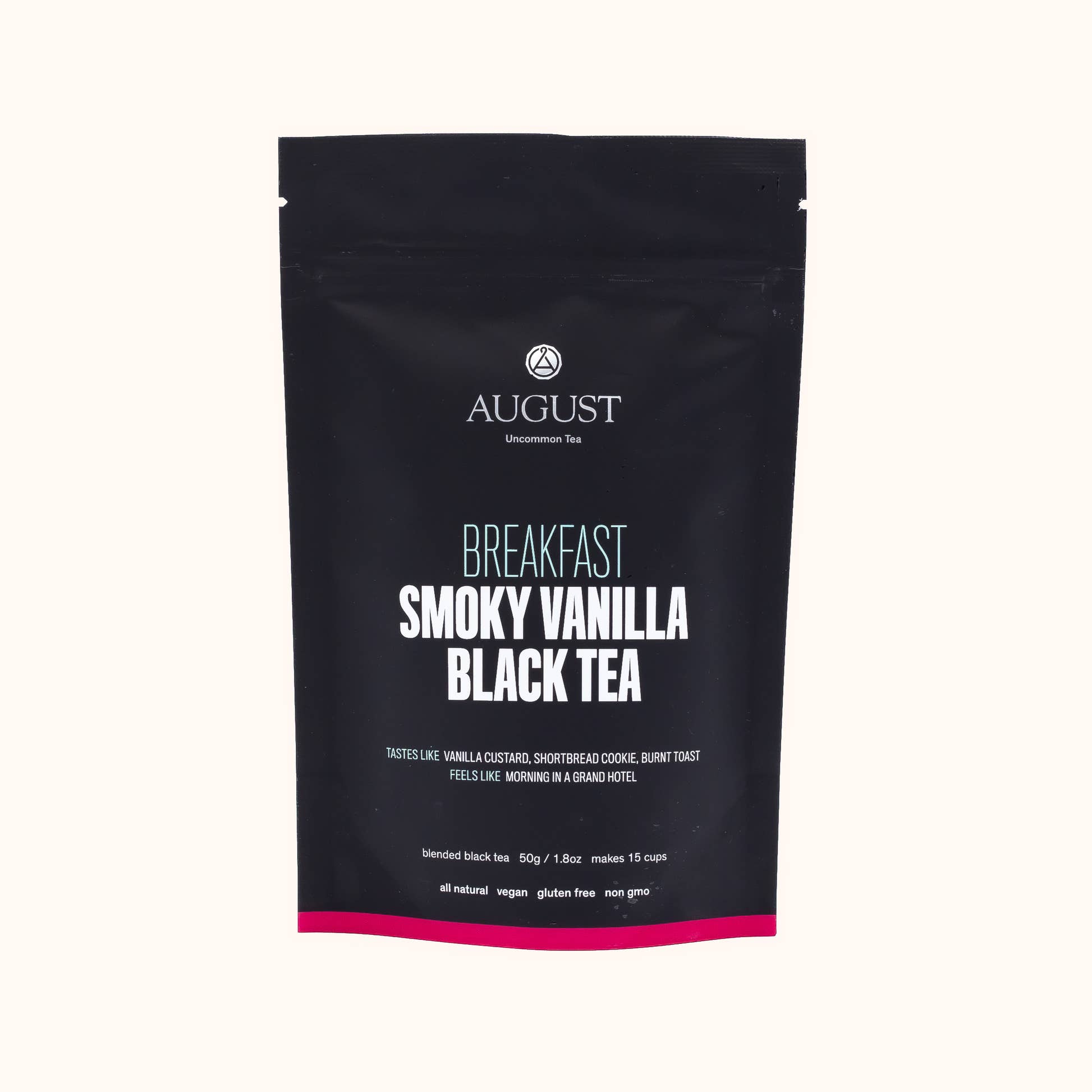 Breakfast by August Uncommon loose leaf tea pouch described as a "Smoky Vanilla Black Tea"
