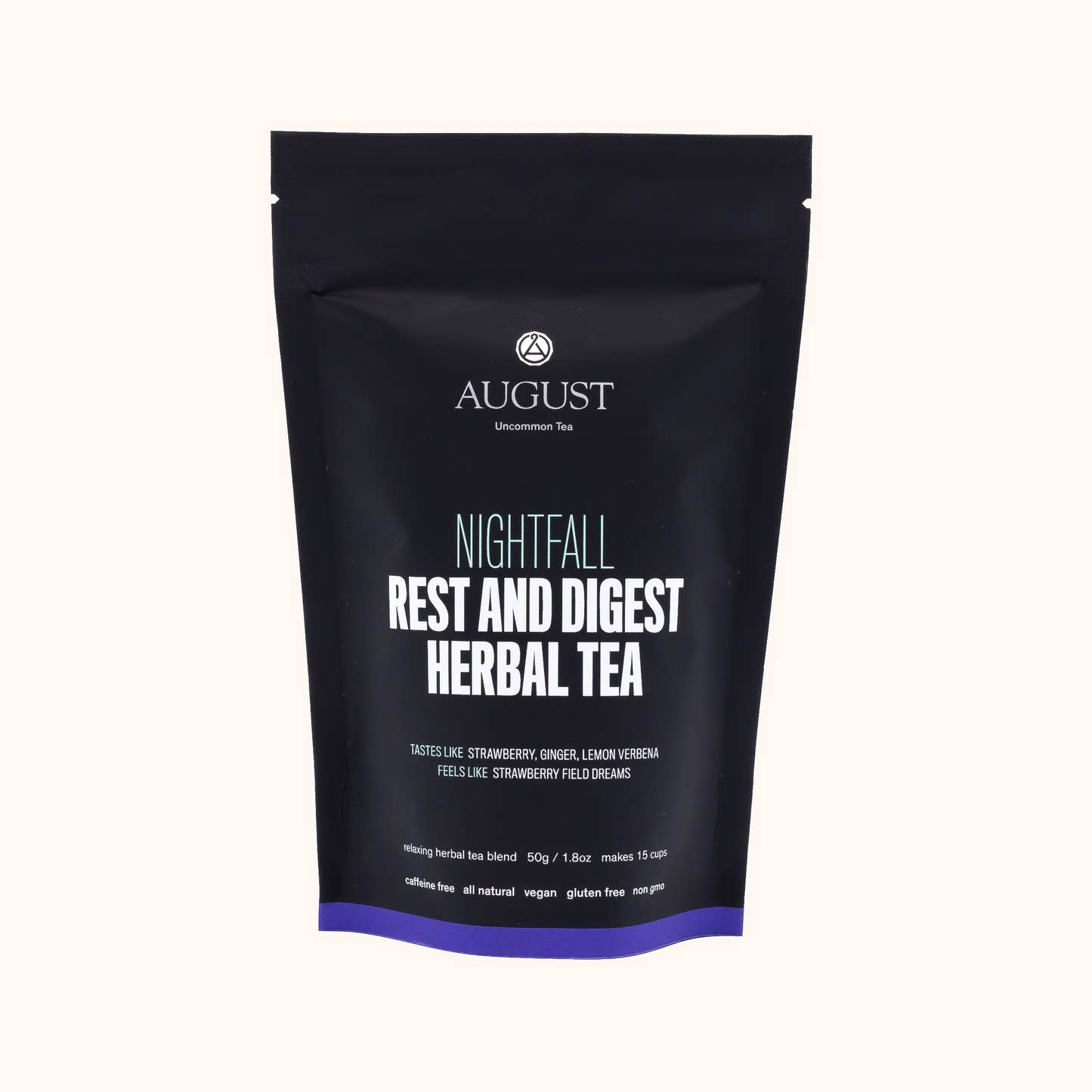Nightfall by August Uncommon loose leaf tea pouch described as "Rest and Digest Herbal Tea"