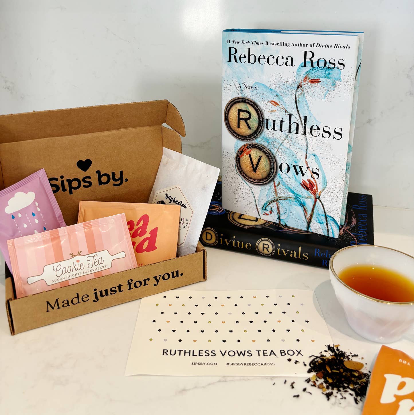 Ruthless Vows Tea Box with book and cup of tea