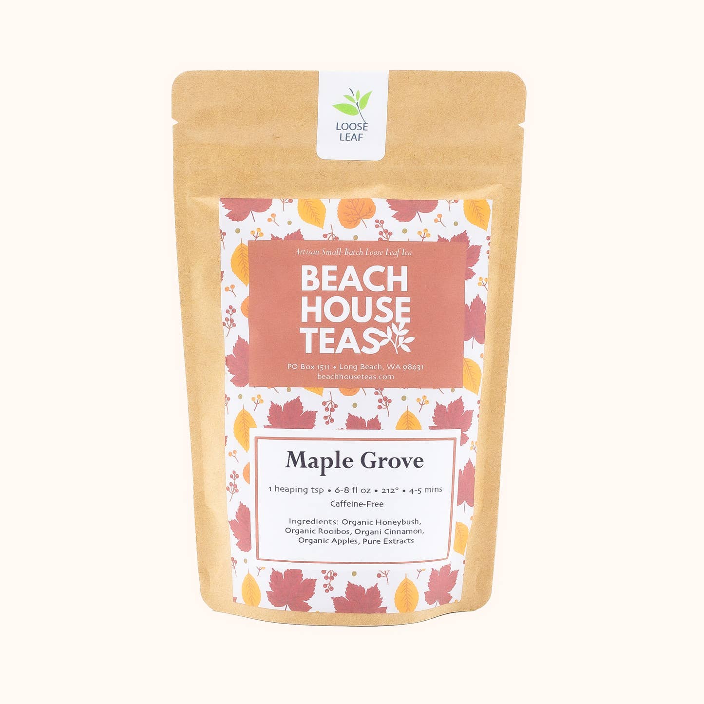Maple Grove loose leaf tea by Beach House Teas printed kraft pouch with maple leaves