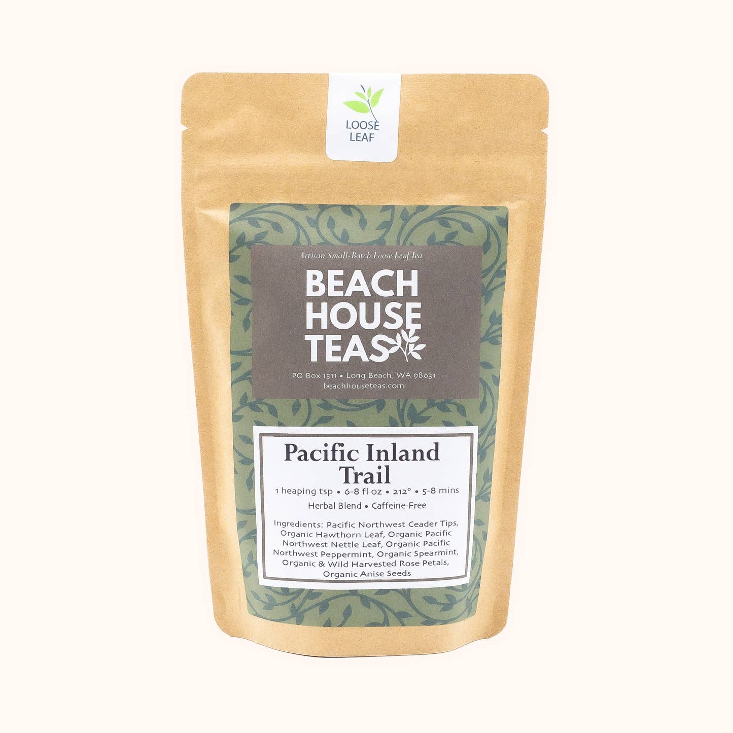 Pacific Inland Trail loose leaf tea by Beach House Teas printed kraft pouch