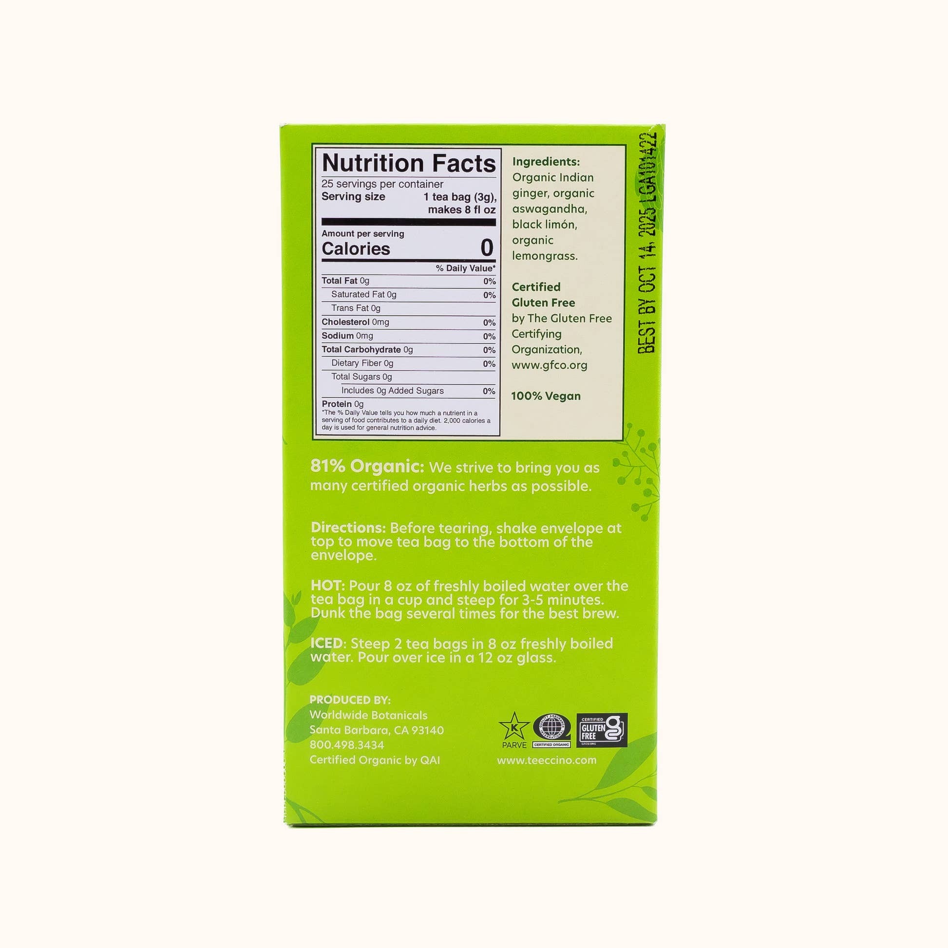 Lemon Ginger Ashwagandha Tea by Worldwide Botanicals green and yellow tea bag box back with directions, nutrition facts, and ingredients
