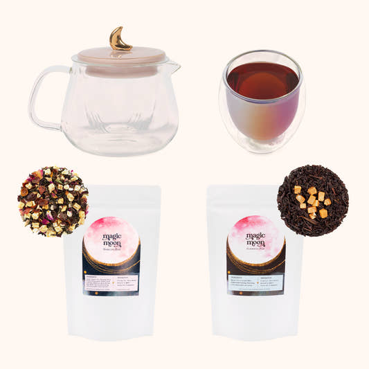 Magic Moon Tea Kit with glass teapot, iridescent mug, and two glitter teas