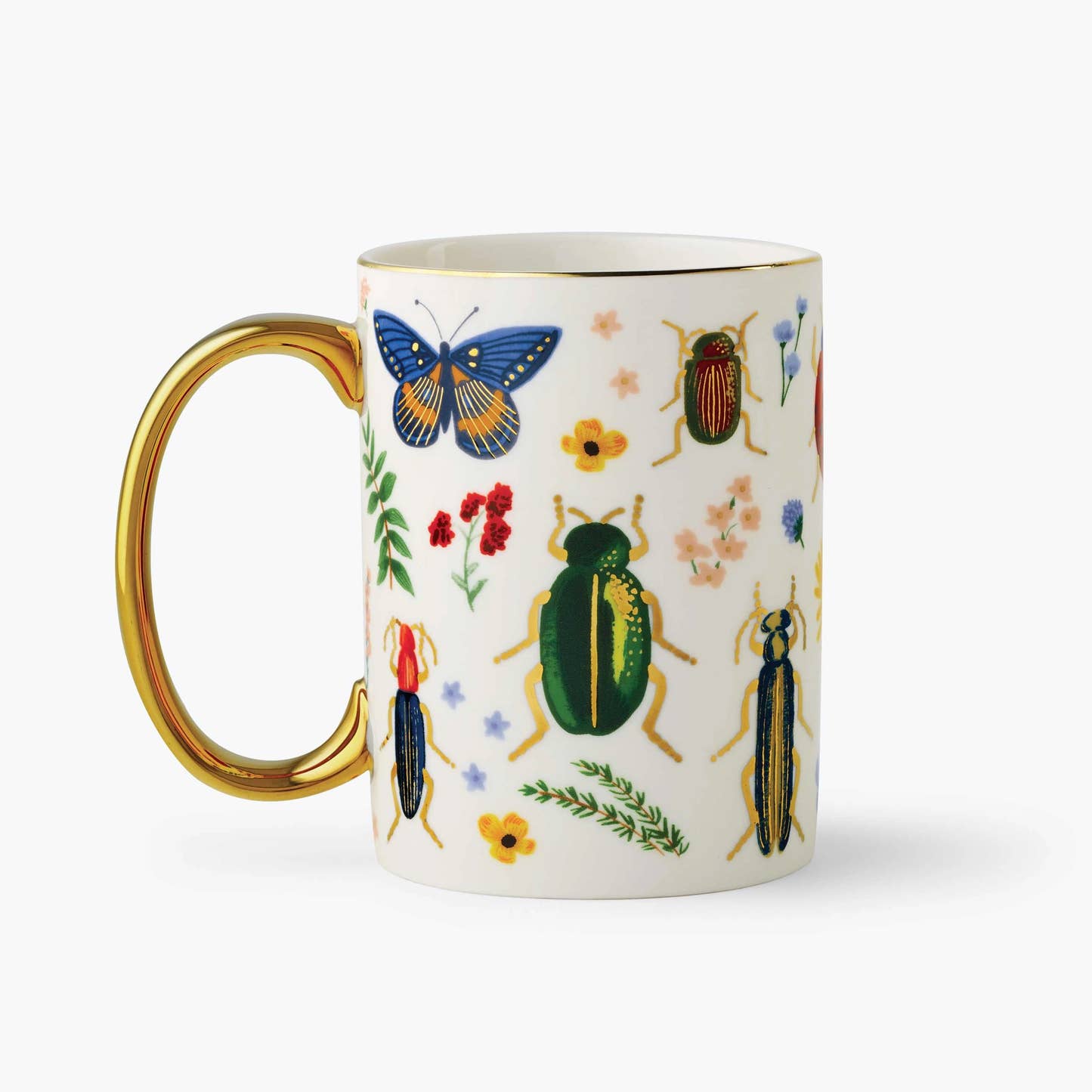 Rifle Paper Co Curio Porcelain Mug illustrated with flowers, insects, and gold accents