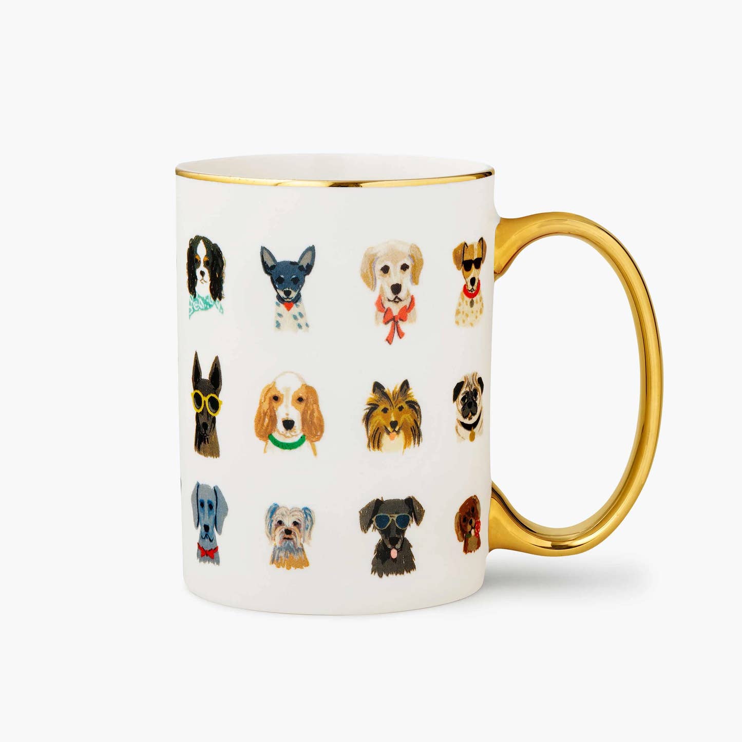 Dogs Porcelain Mug by Rifle Paper Co illustrated with various dogs wearing accessories and a gold handle