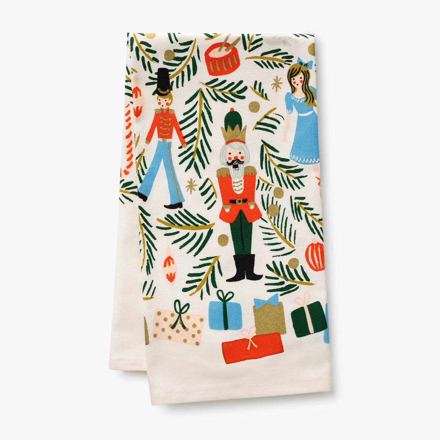 Rifle Paper Co Christmas Tree Tea Towel design with nutcrackers and presents and branches (folded)