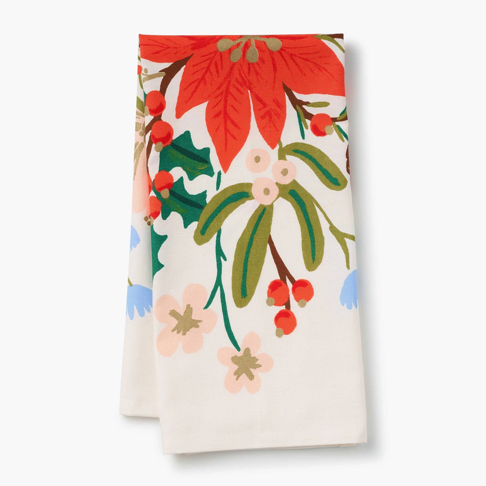 Folded Rifle Paper Co Holiday Bouquet Tea Towel printed in red, green, pink, and blue