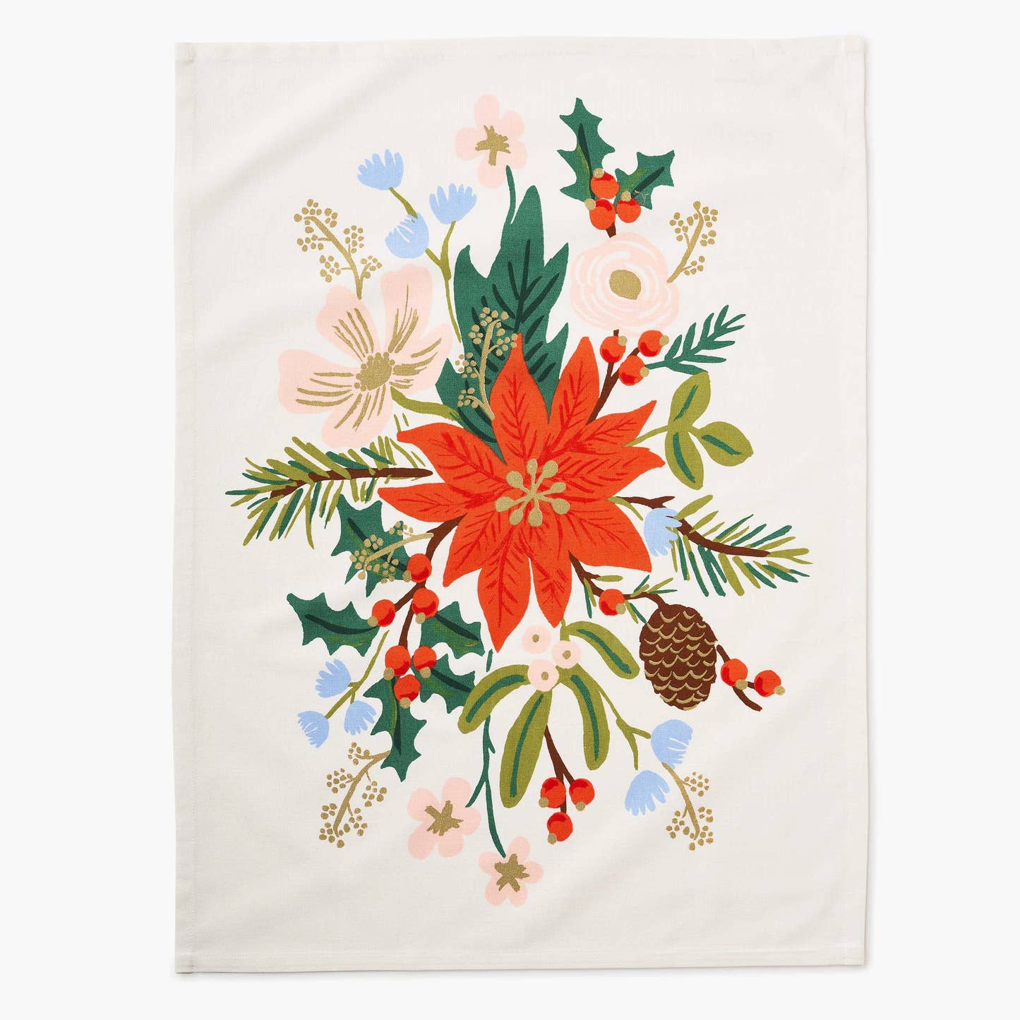 Flat lay of Rifle Paper Co Holiday Bouquet Tea Towel printed in red, green, pink, and blue