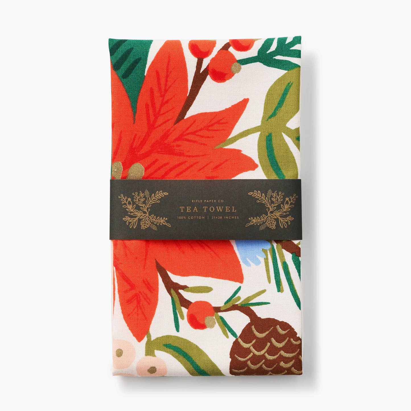 Folded Rifle Paper Co Holiday Bouquet Tea Towel printed in red, green, pink, and blue packaged with printed paper band that says "Rifle Paper Co Tea Towel 100% Cotton | 21x28 inches" in gold print with floral designs
