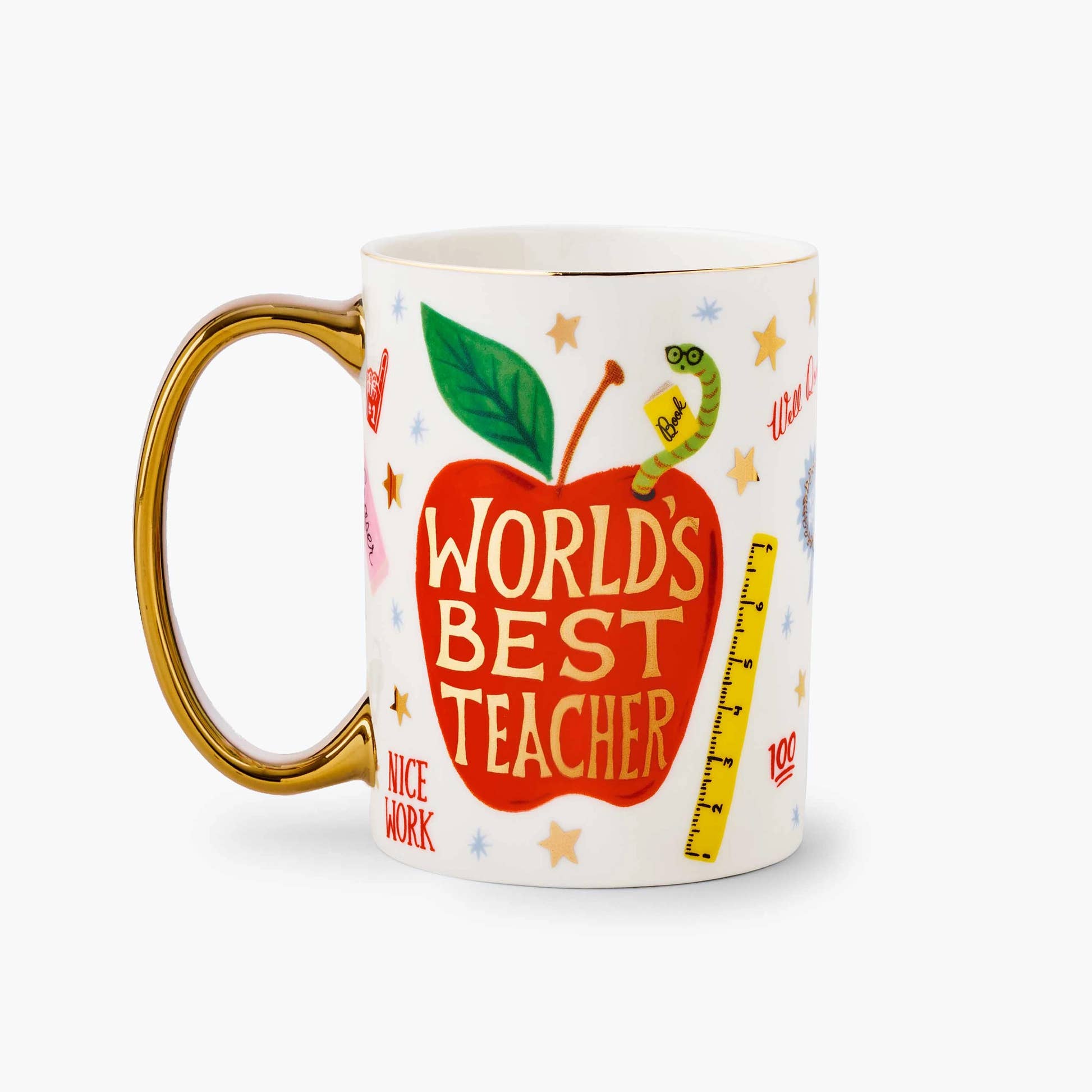 World's Best Teacher Porcelain Mug illustrated with a big red apple with "World's Best Teacher" inside, with a green worm, stars, stickers, and a ruler