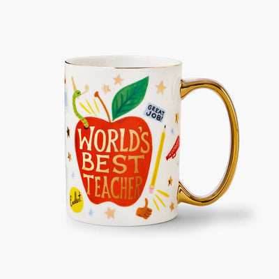 World's Best Teacher Porcelain Mug illustrated with a big red apple with "World's Best Teacher" inside, with a green worm, stars, stickers, and yellow pencils