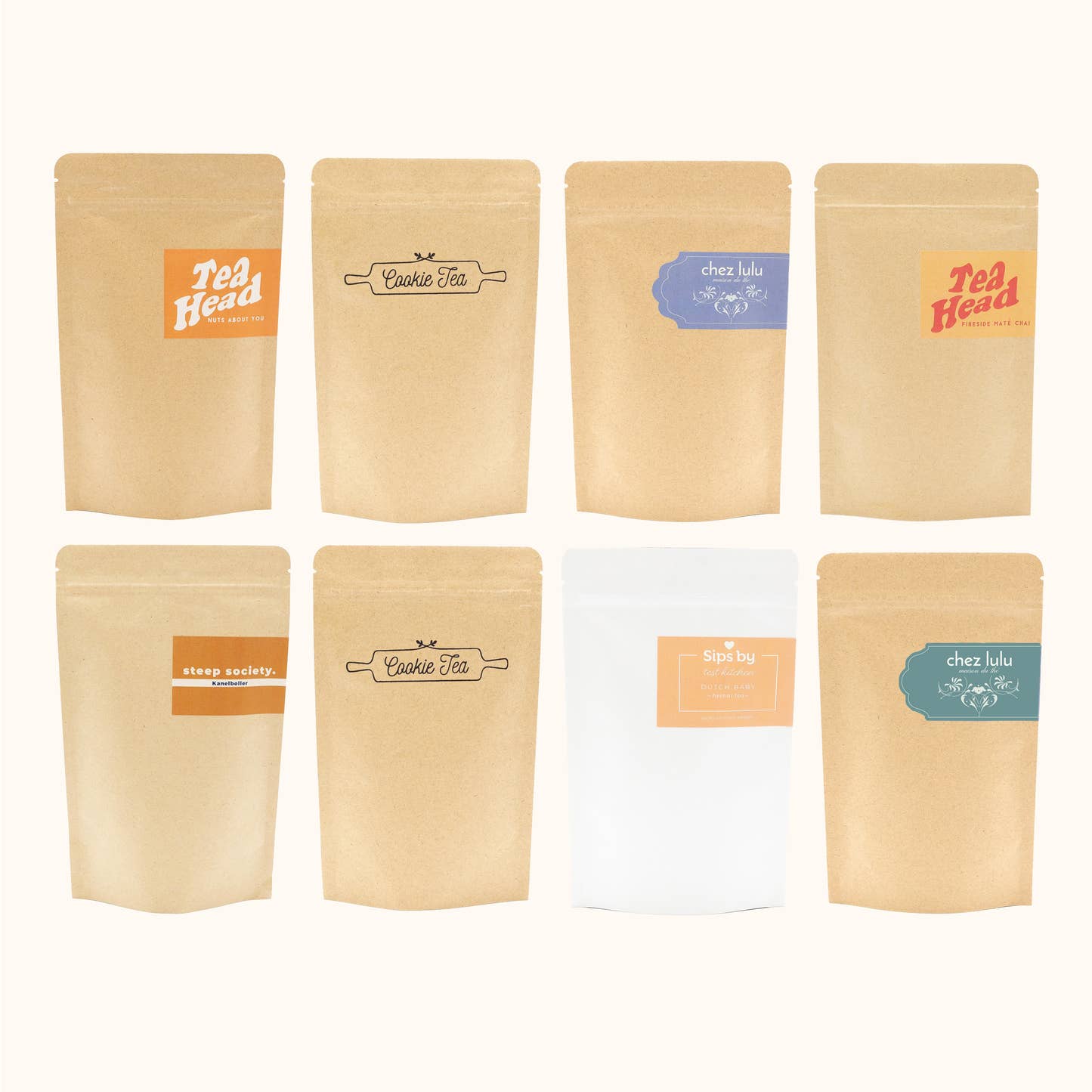 Eight loose leaf tea pouches from the Holiday Tea Collection Mix of Caffeine bundle
