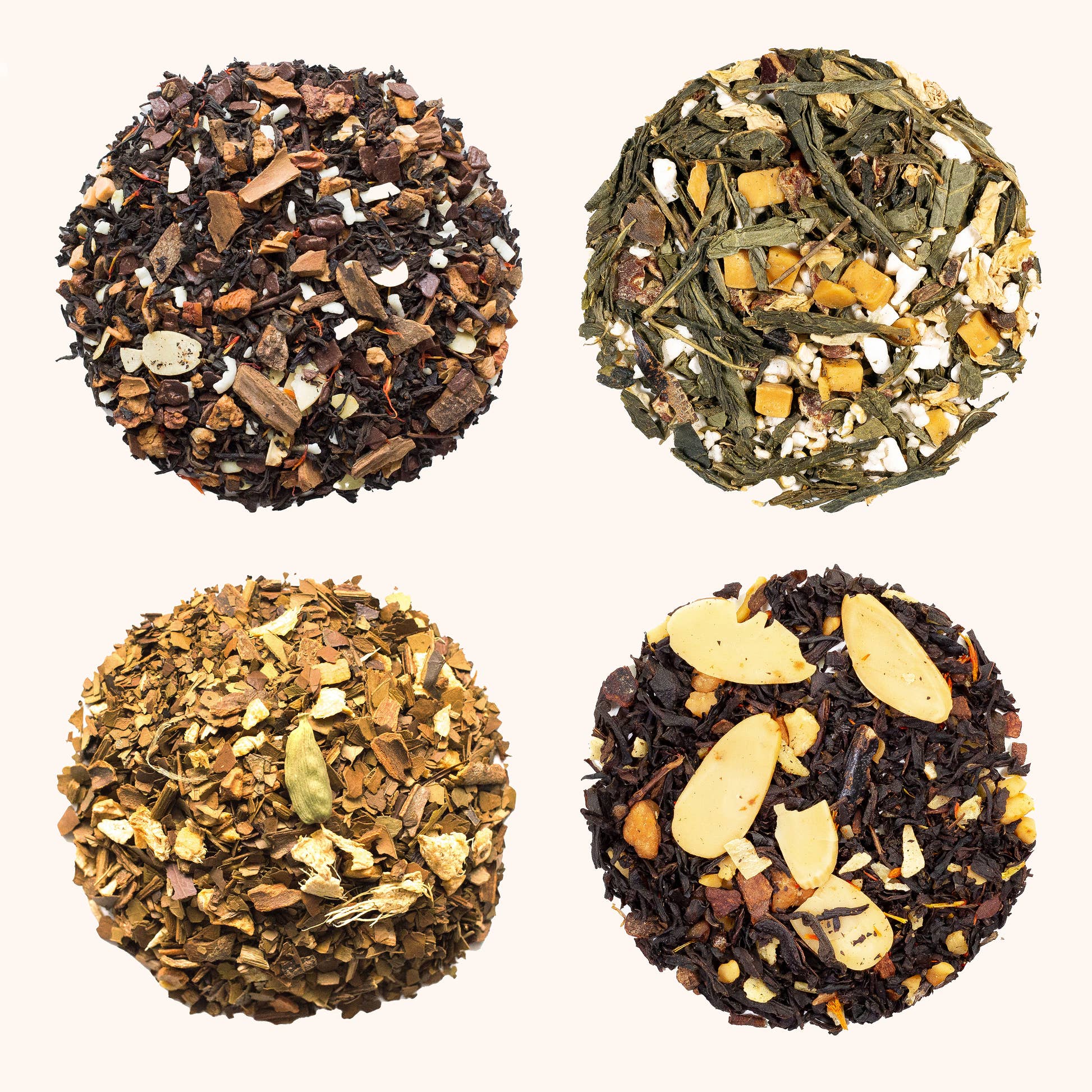 Four loose leaf tea sample circles from the Holiday Tea Collection caffeinated bundle