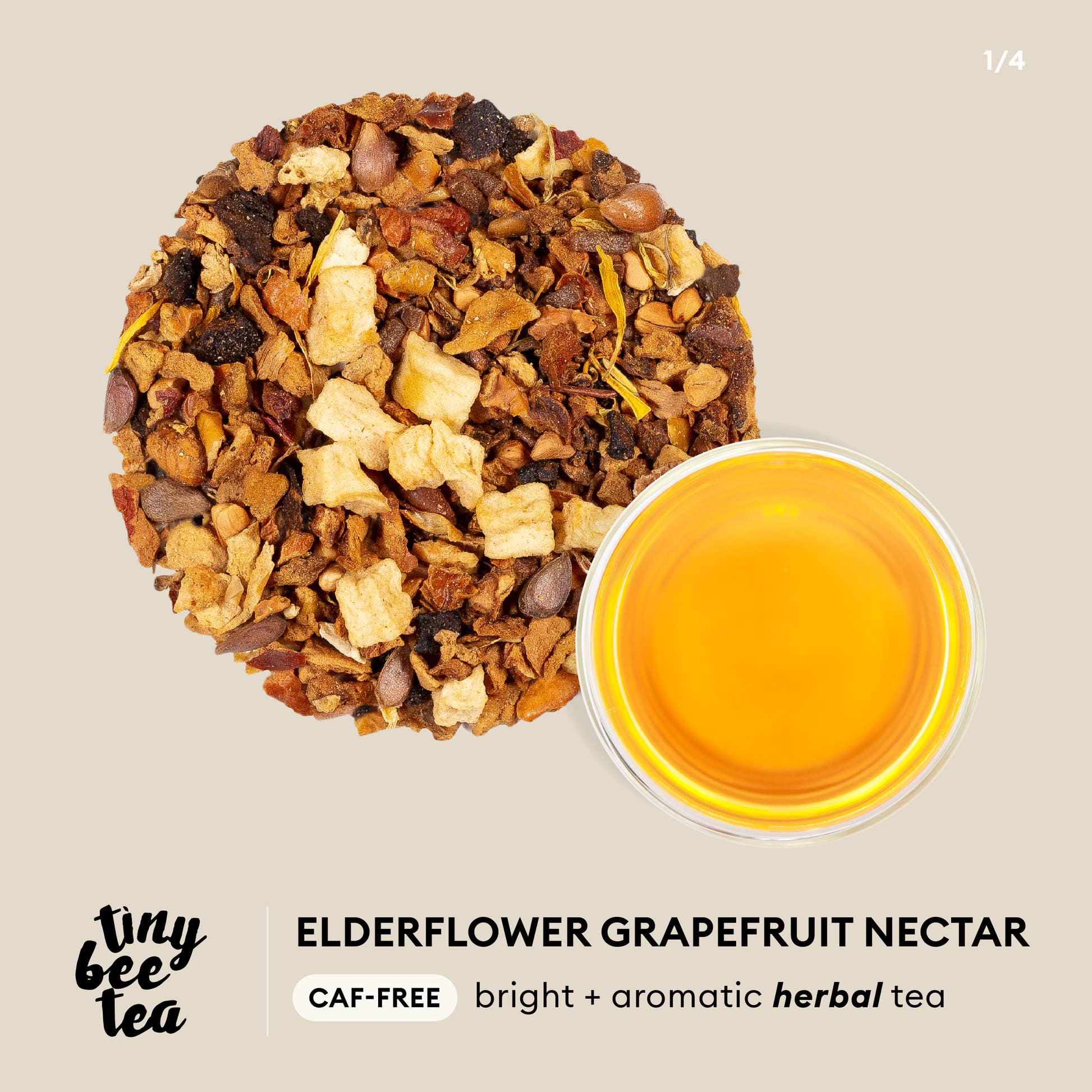 Tiny Bee Tea - Elderflower Grapefruit Nectar Infographic - CAF-FREE bright + aromatic herbal tea