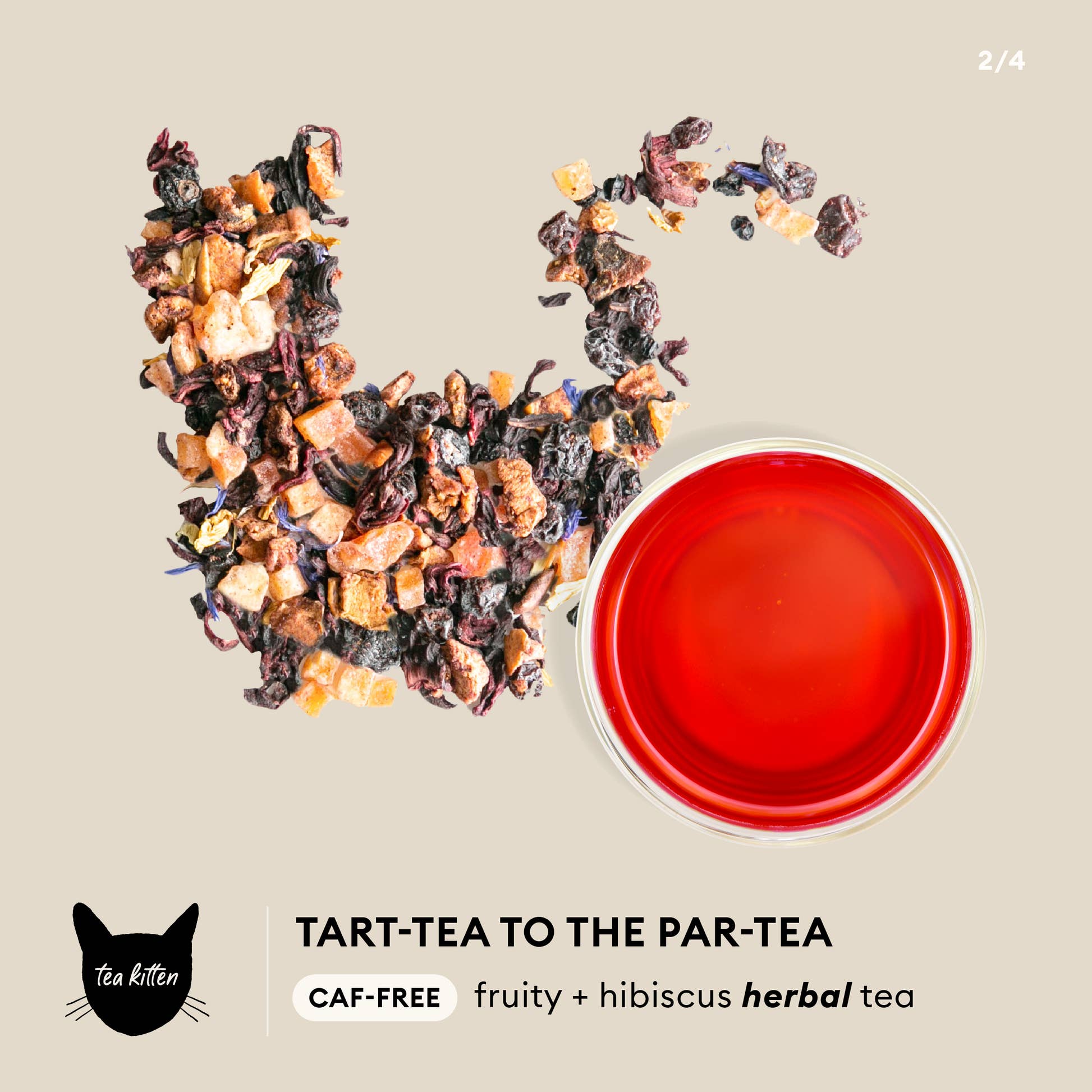 Tea Kitten - Tar-Tea to the Par-Tea Infographic - CAF-FREE fruity + hibiscus herbal tea