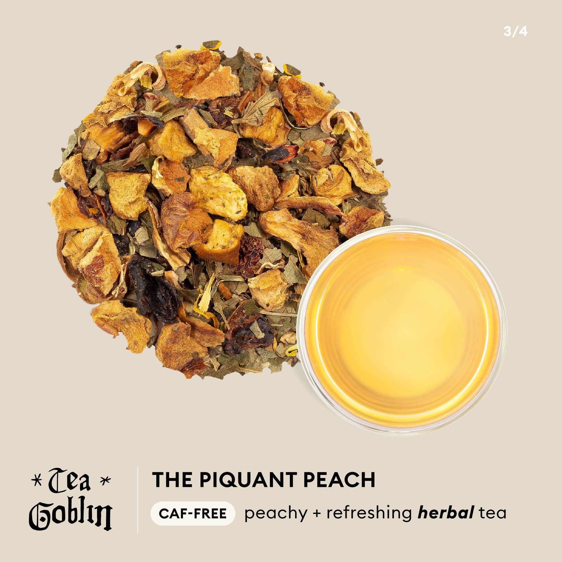 Tea Goblin - The Piquant Peach caf-free, peachy + refreshing herbal tea infographic