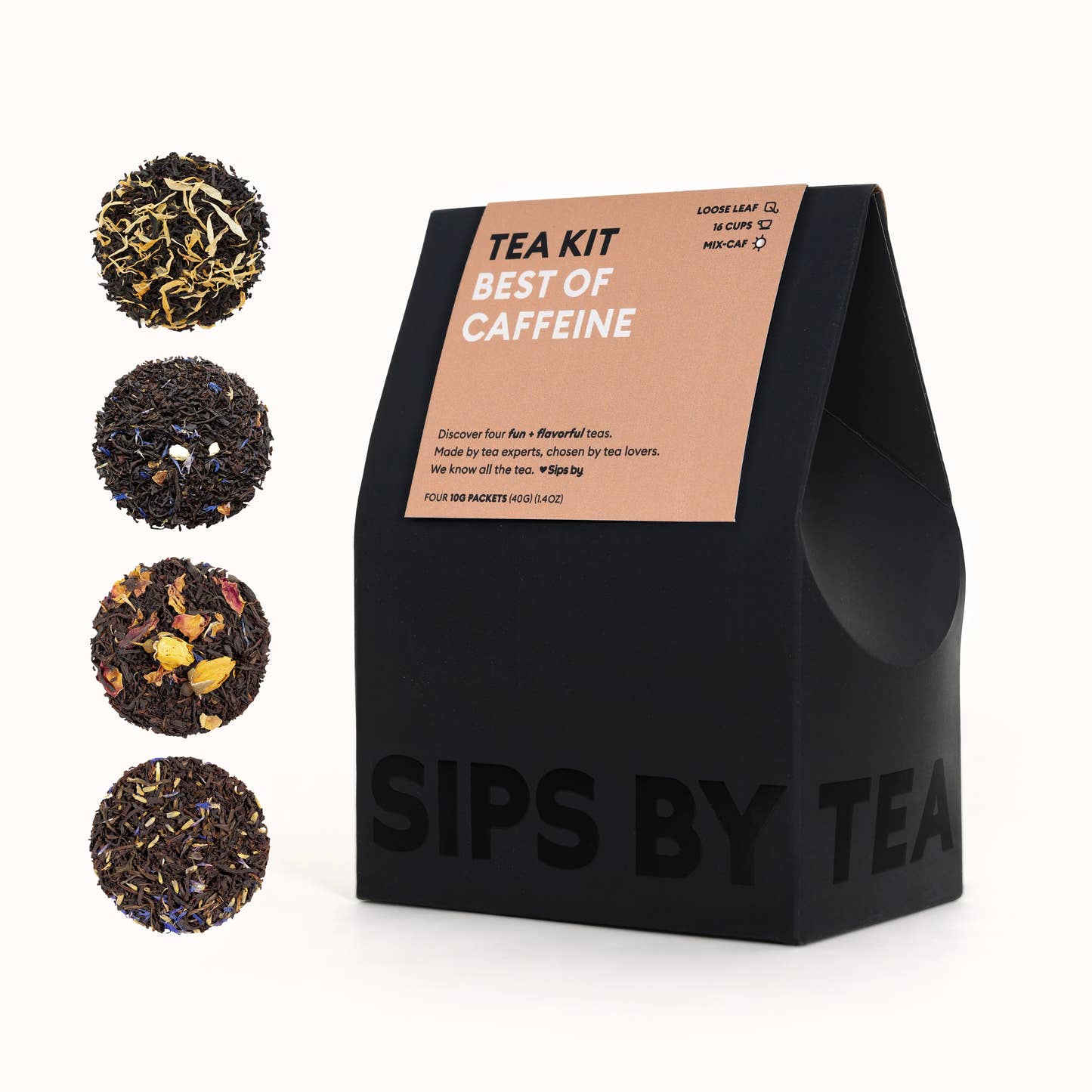 Black box with a terracotta topper that says "Best of Caffeine Tea Kit - Made by tea experts, chosen by tea lovers. We know all the tea. Love Sips by. Makes 16 Cups. Four 10G Packets (40G) (1.4OZ)"