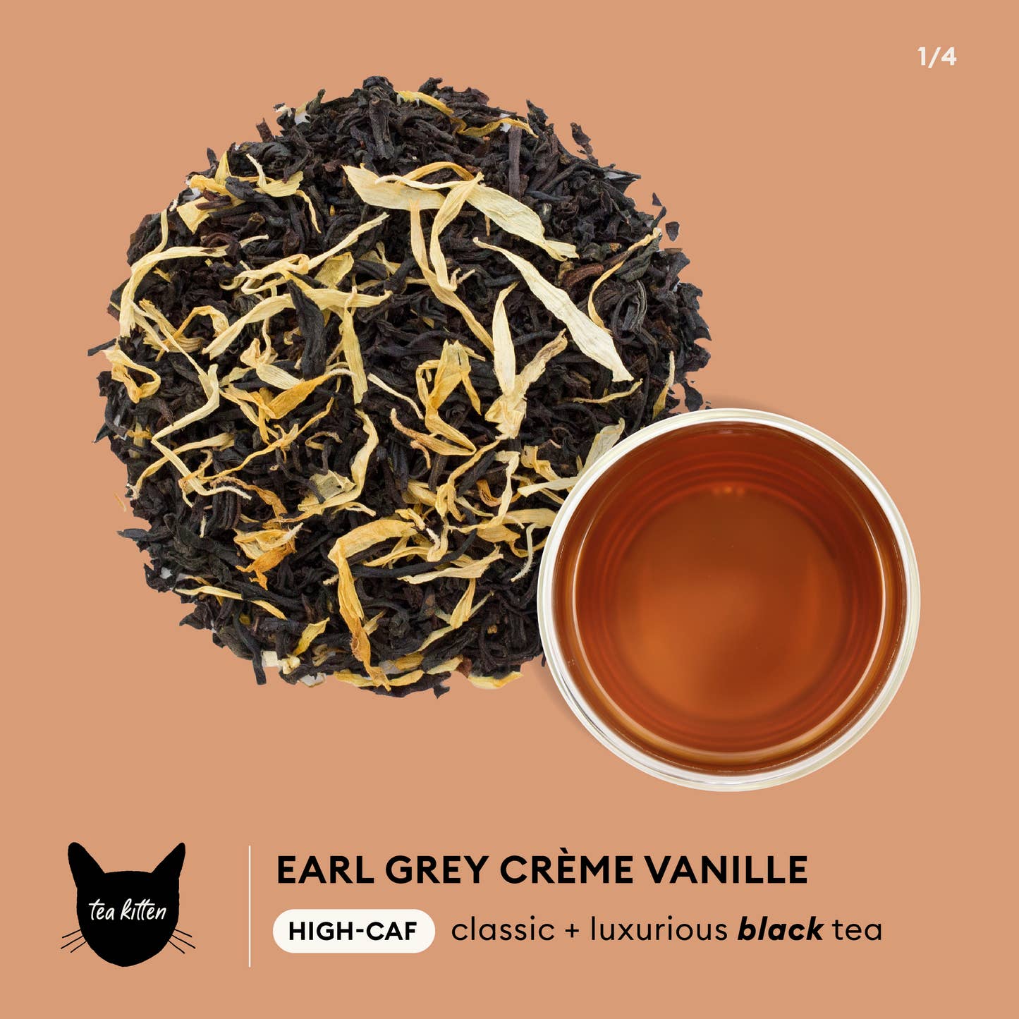 Tea Kitten - Earl Grey Creme Vanille Infographic - HIGH-CAF classic + luxurious black tea