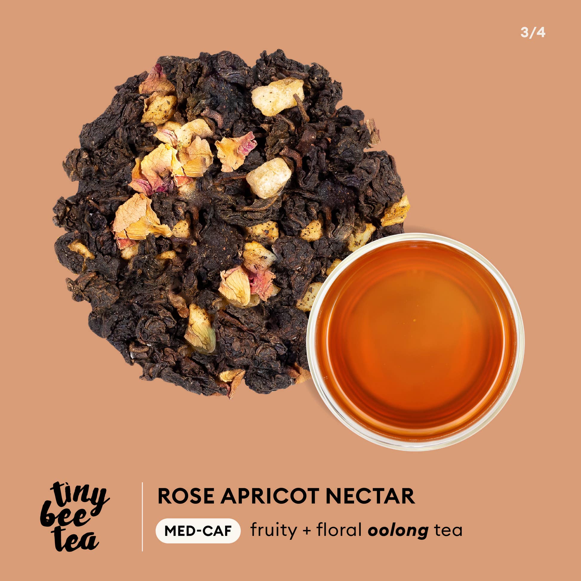 Tiny Bee Tea - Rose Apricot Nectar Infographic - MED-CAF fruity + floral oolong tea