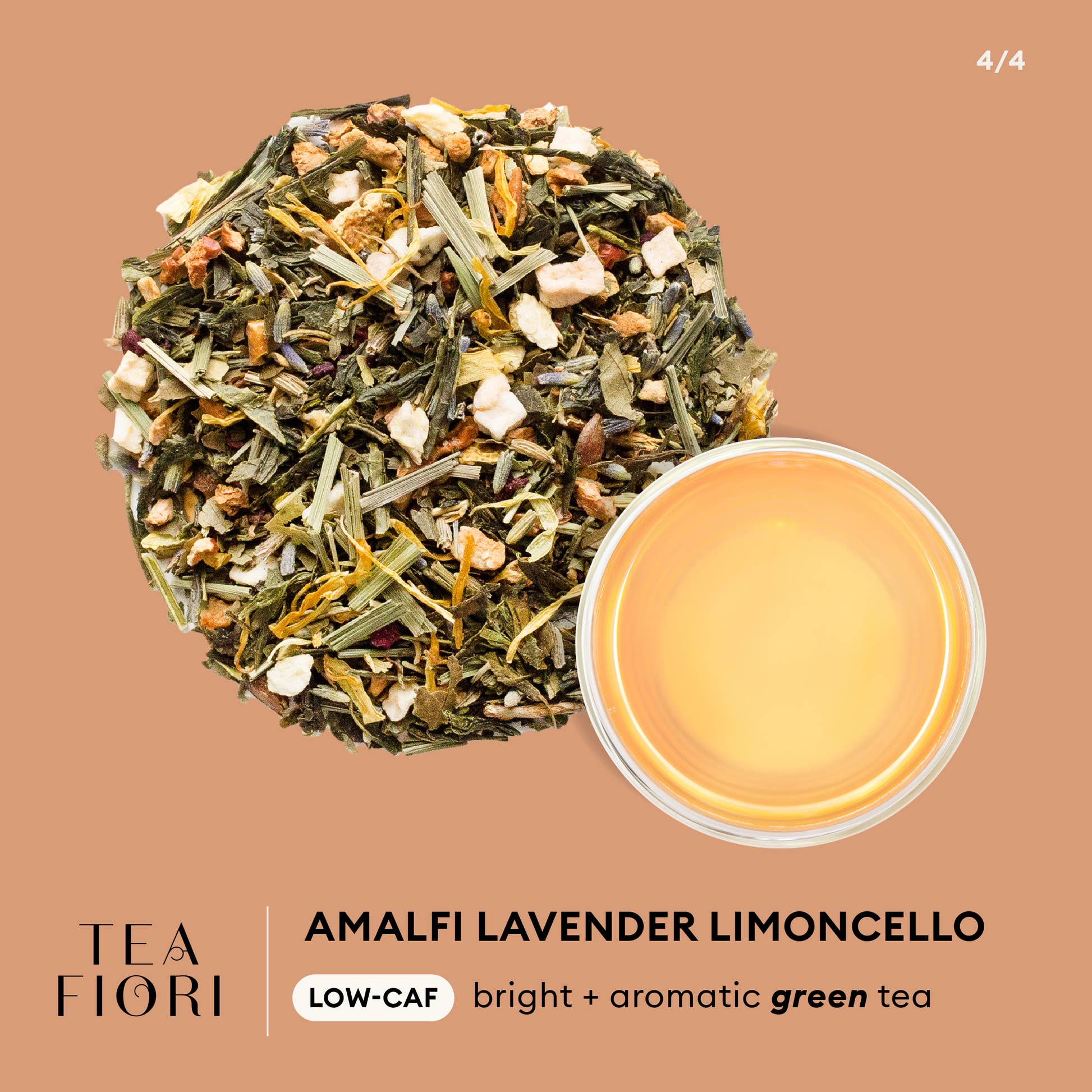 Tea Fiori - Amalfi Lavender Limoncello Infographic - LOW-CAF bright + aromatic green tea