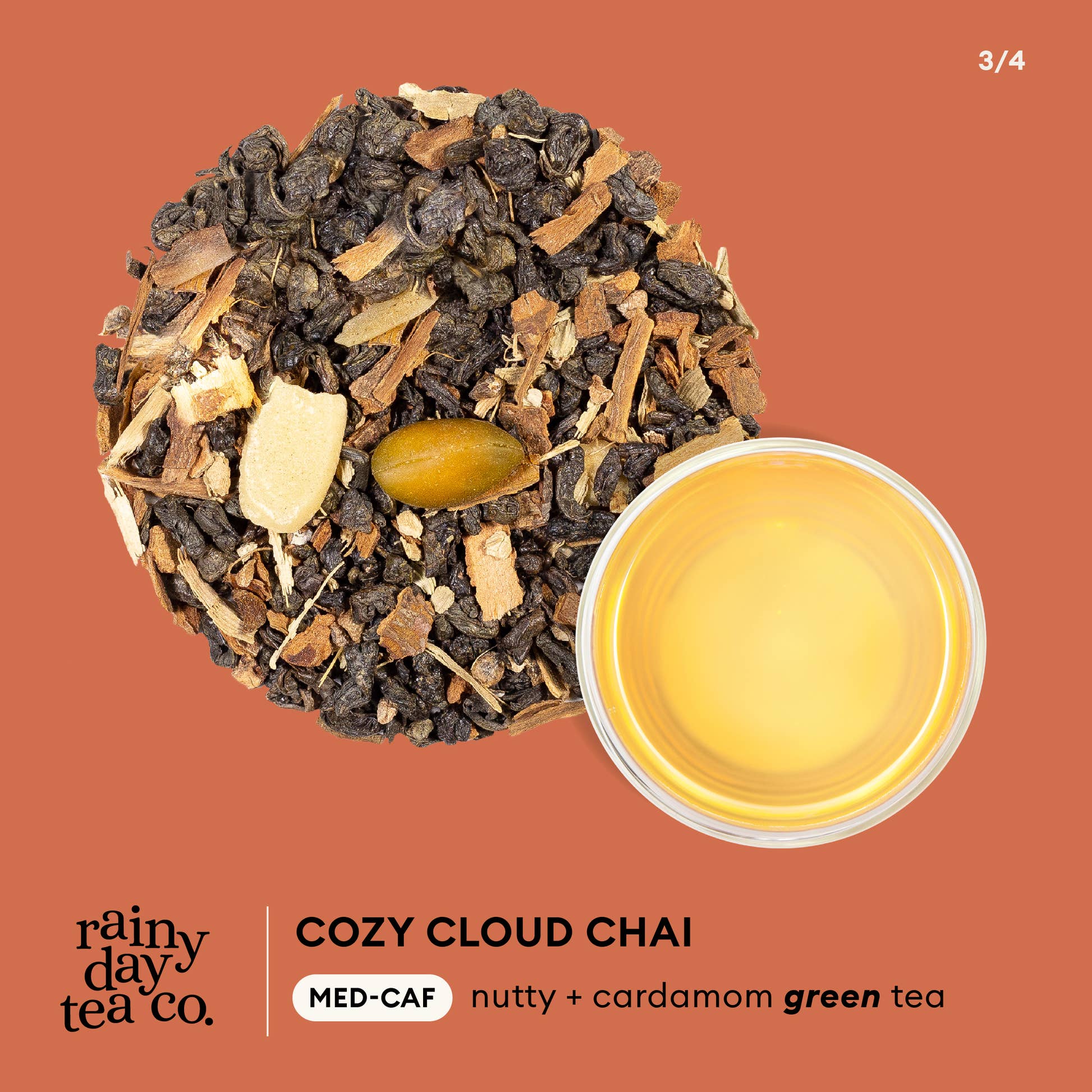 Rainy Day Tea Co - Cozy Cloud Chai med-caf, nutty + cardamom green tea infographic