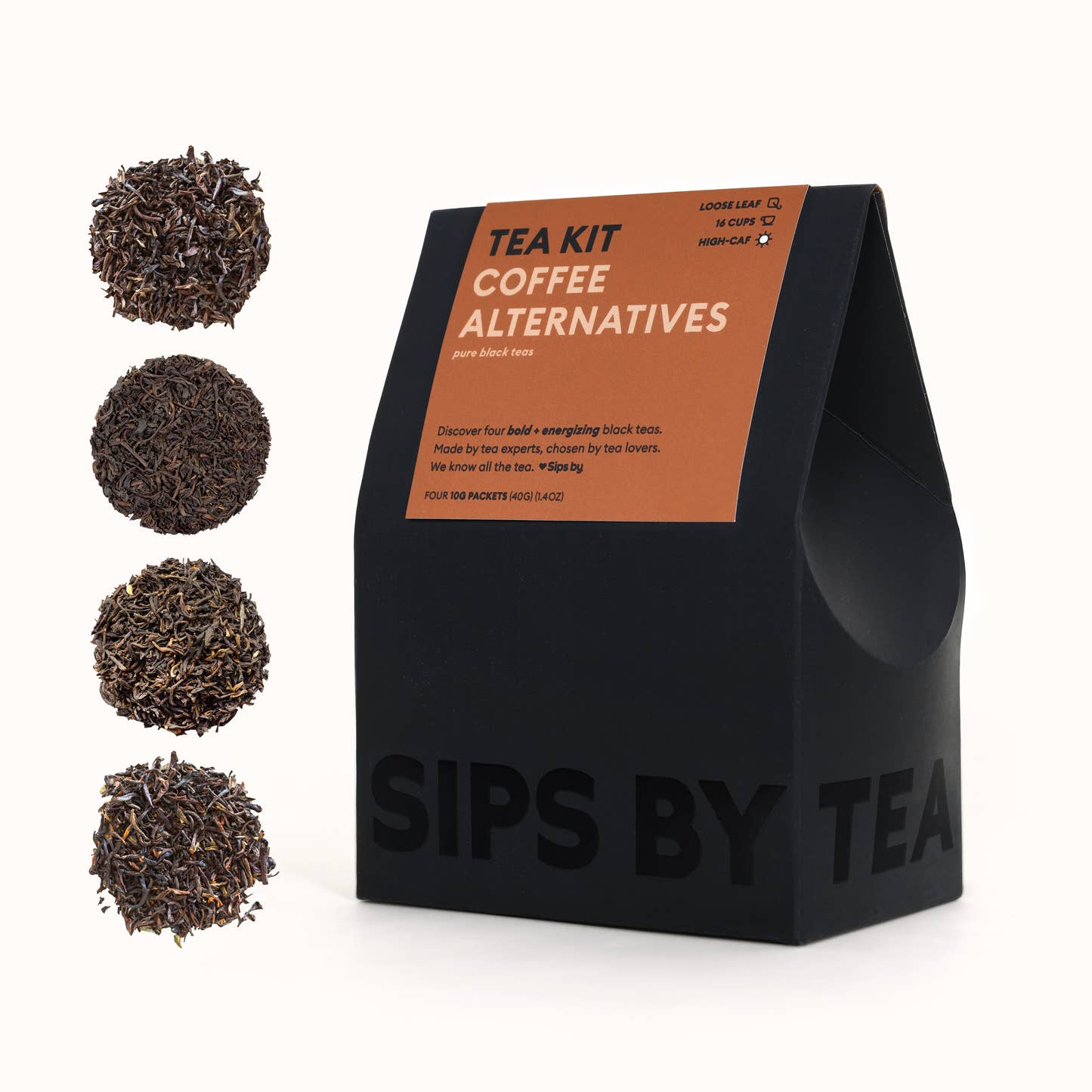 Black box with a brown topper that says "Coffee Alternatives Tea Kit - Made by tea experts, chosen by tea lovers. We know all the tea. Love Sips by. Makes 16 Cups. Four 10G Packets (40G) (1.4OZ)"