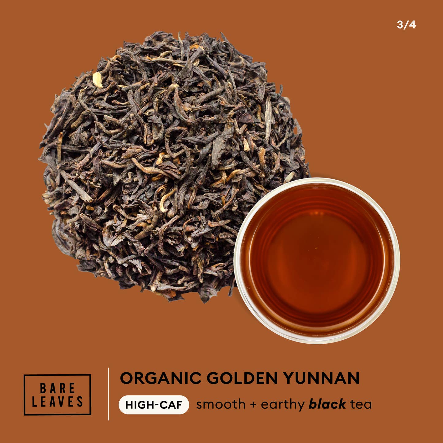 Bare Leaves - Organic Golden Yunnan Black Tea high-caf, smooth + earthy infographic