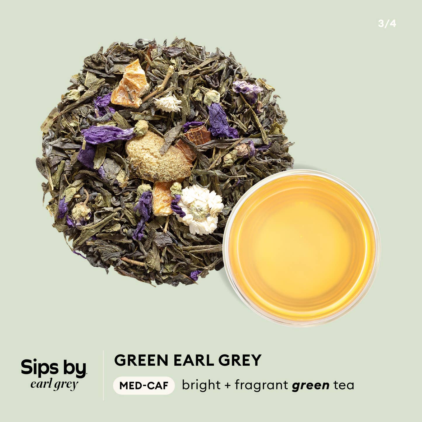 Sips by Earl Grey - Green Earl Grey med-caf, bright + fragrant infographic