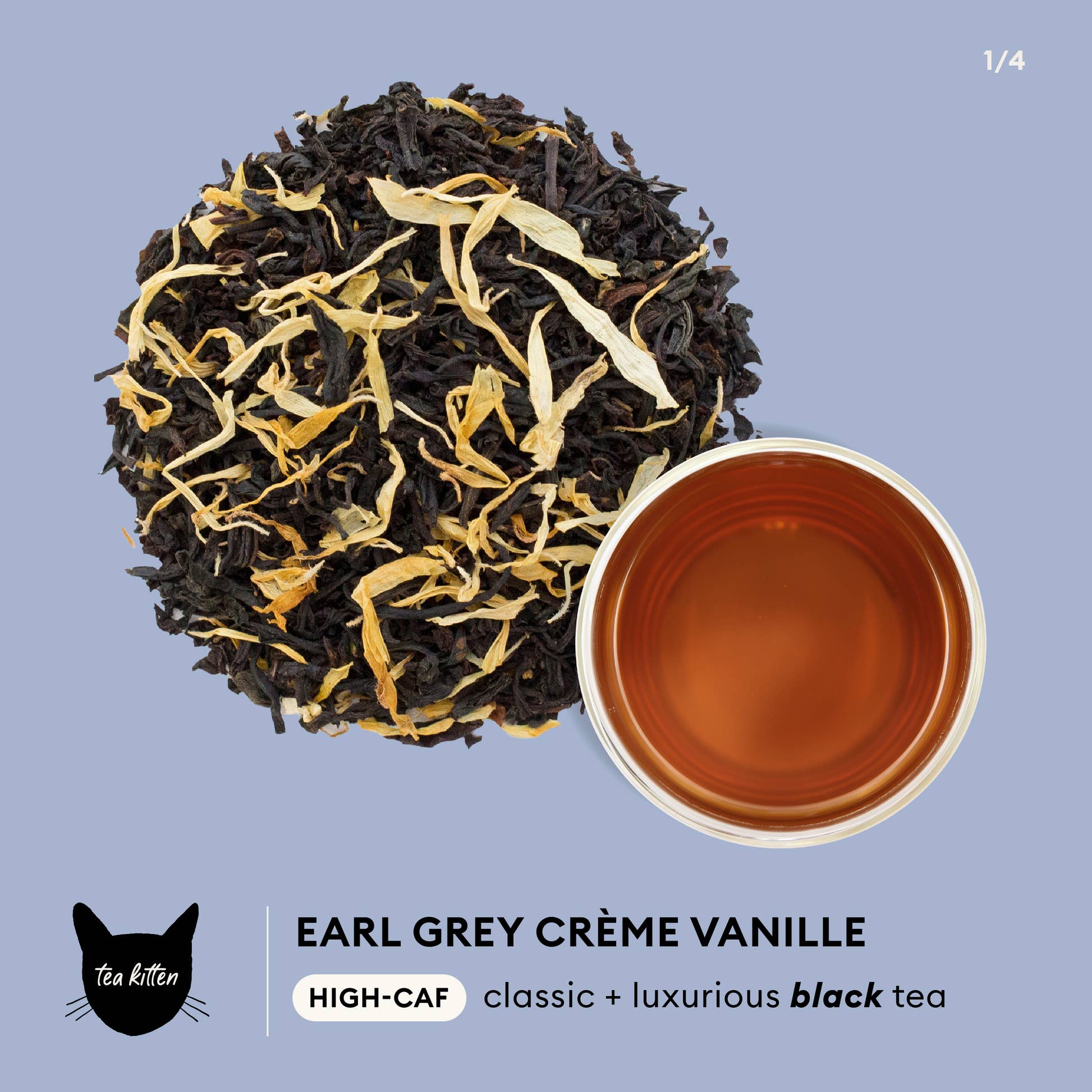 Earl Grey Creme Vanille by Tea Kitten Infographic - HIGH-CAF classic + luxurious black tea