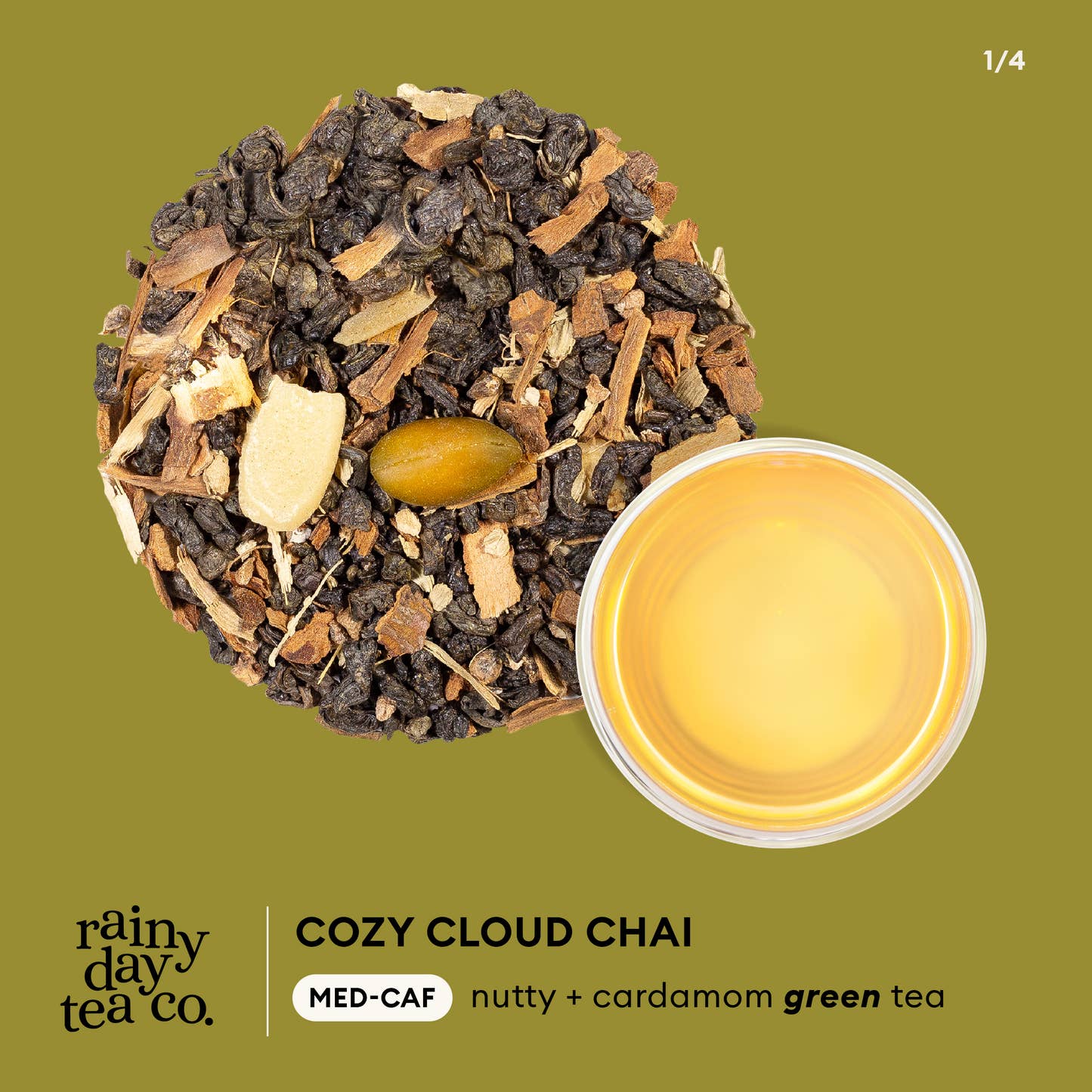 Rainy Day Tea Co - Cozy Cloud Chai med-caf, nutty + cardamom infographic