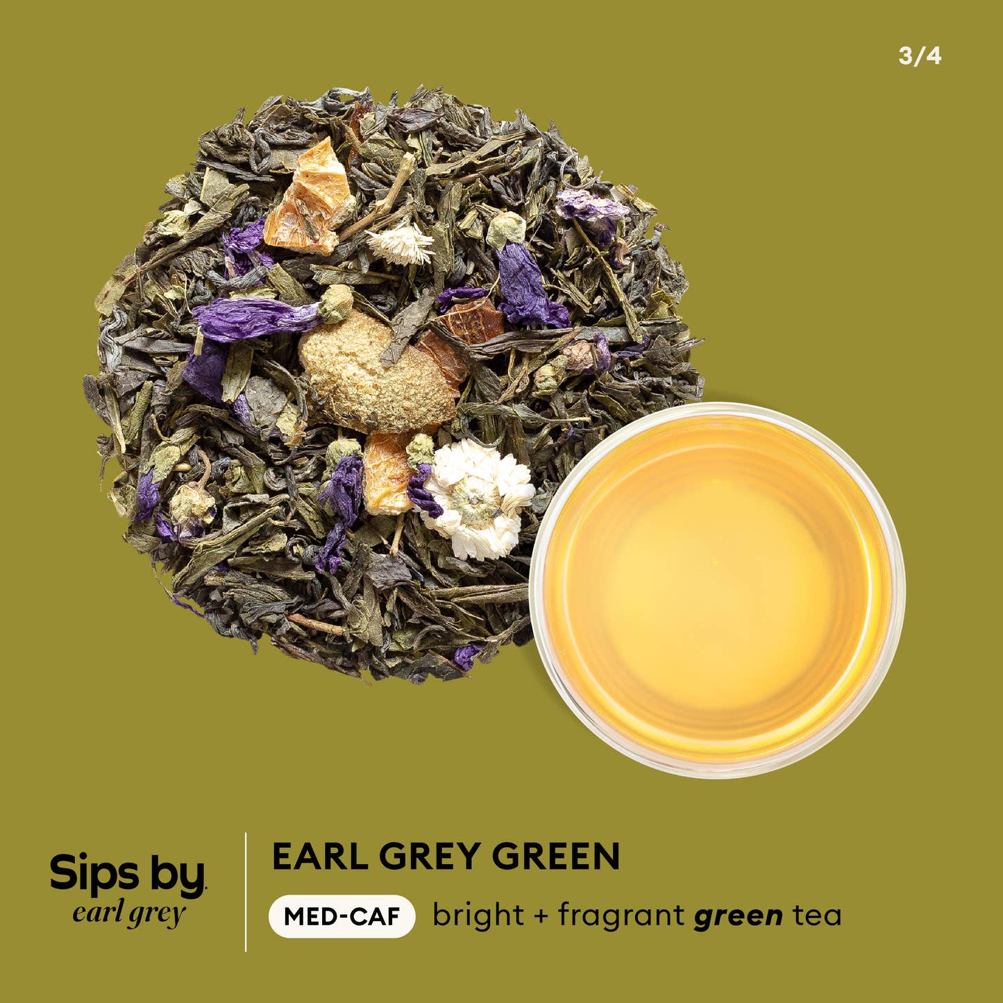 Sips by Earl Grey - Green Earl Grey med-caf, bright + fragrant infographic