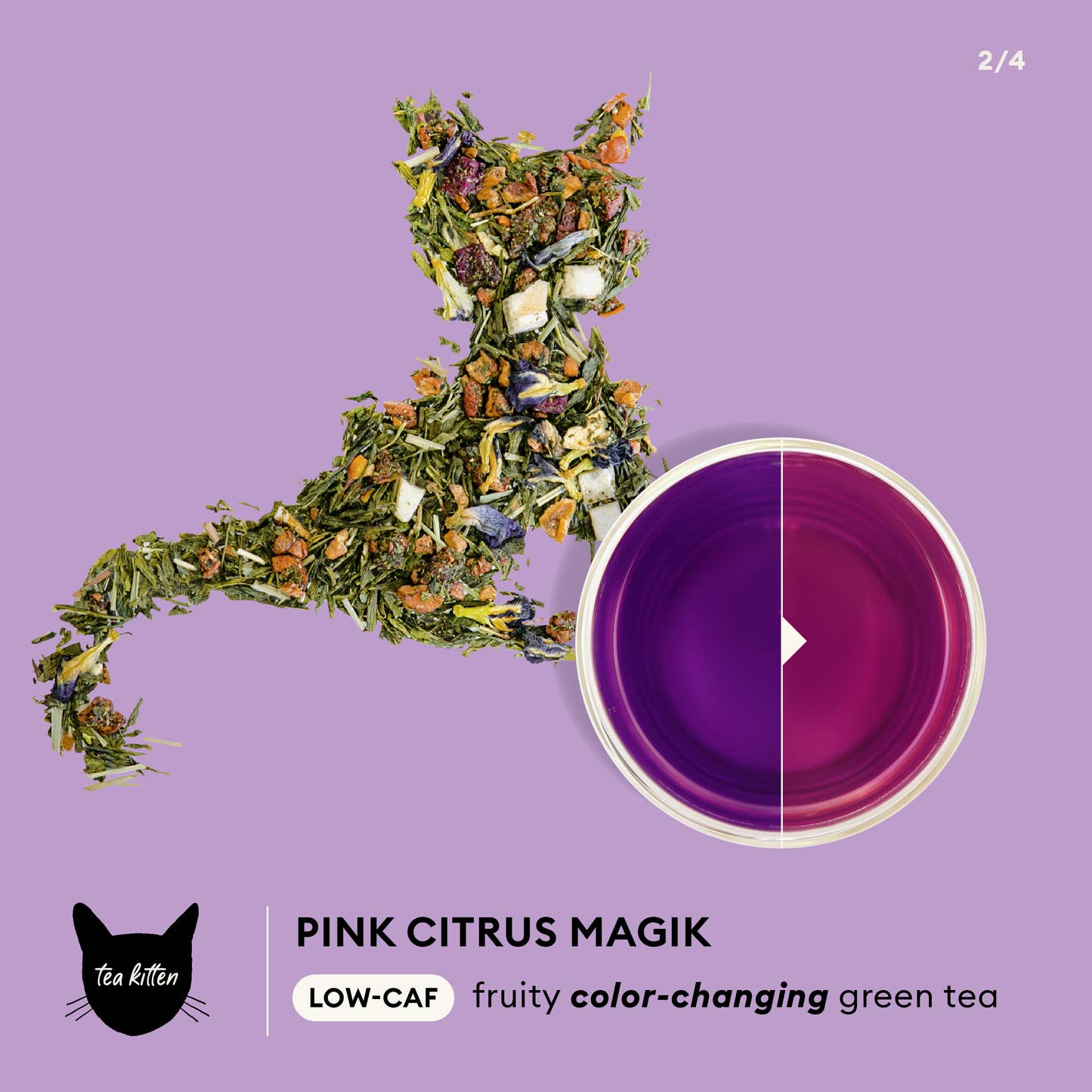Tea Kitten - Pink Citrus Magik low-caf, fruity color-changing tea infographic