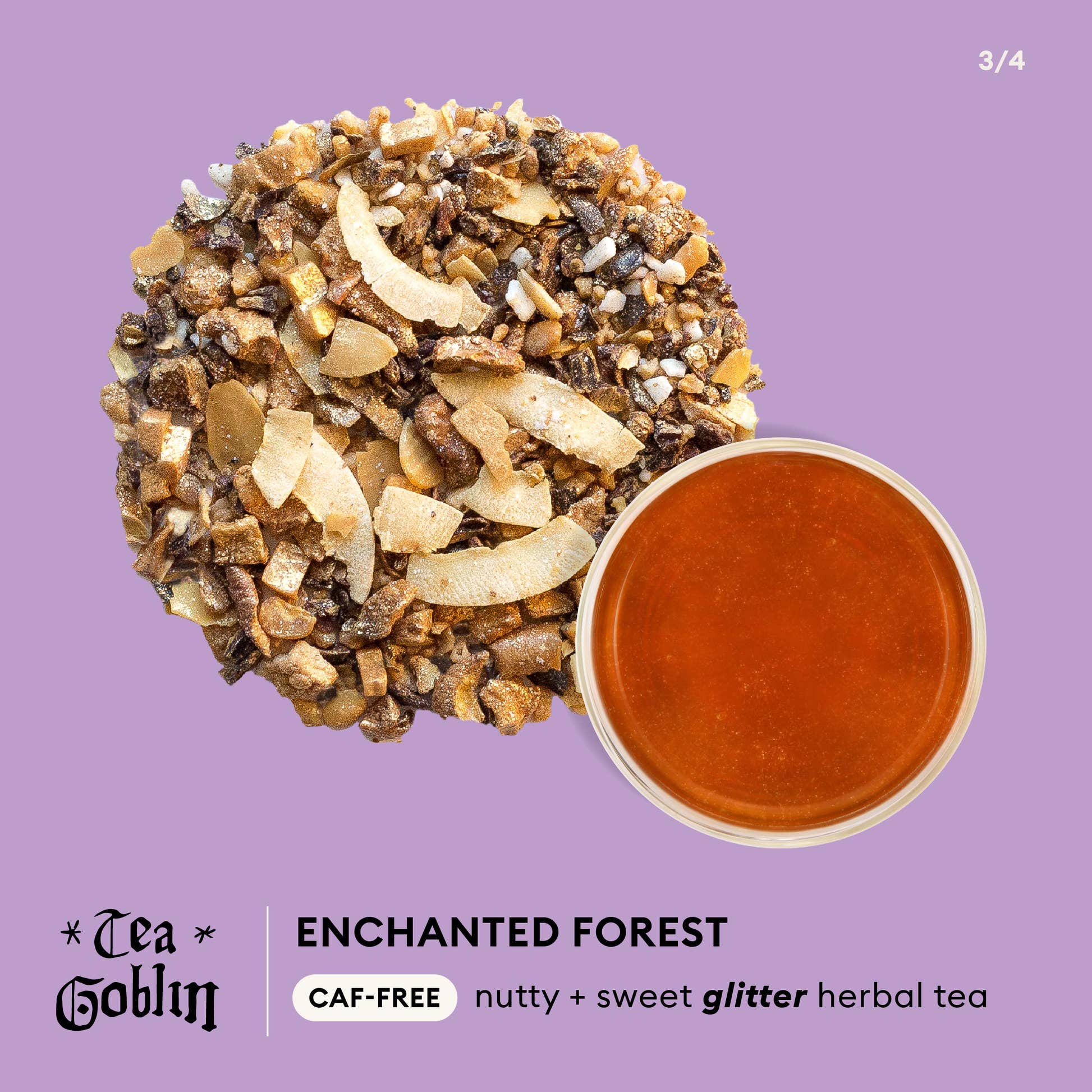 Tea Goblin - Enchanted Forest caf-free, sweet + nutty glitter tea infographic