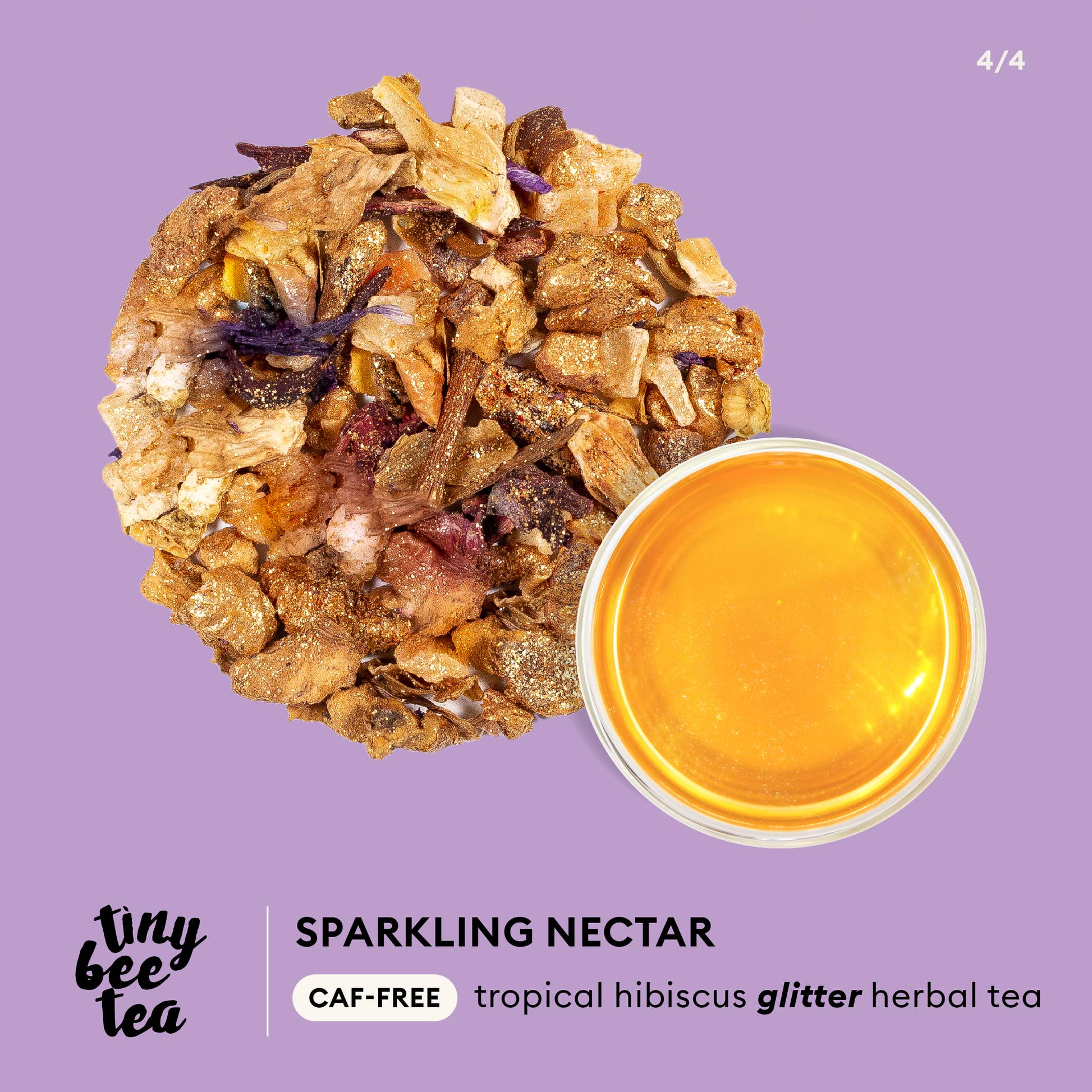 Tiny Bee Tea - Sparkling Nectar caf-free, fruity hibiscus glitter tea infographic