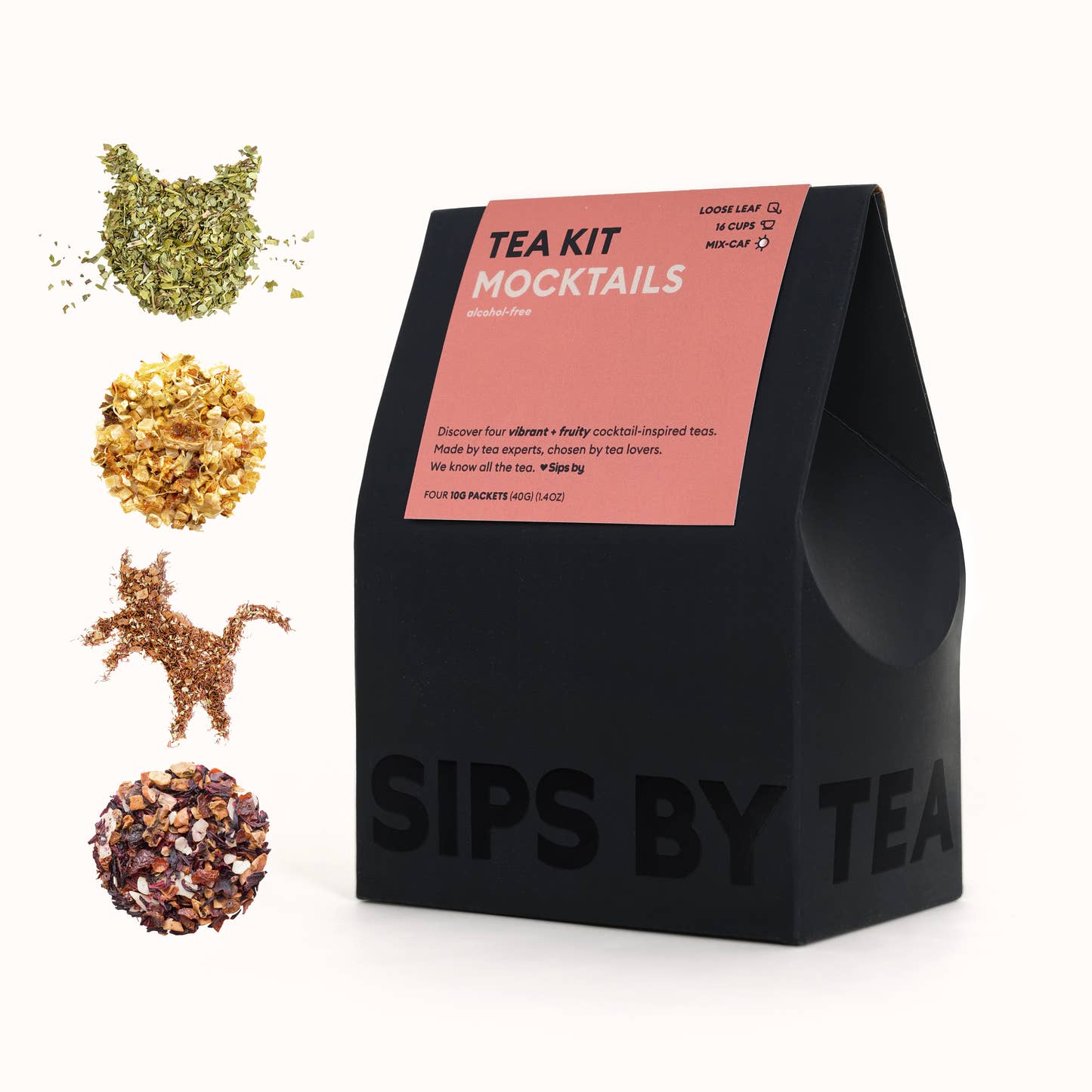 Black box with a red topper that says "Mocktails Tea Kit - Made by tea experts, chosen by tea lovers. We know all the tea. Love Sips by. Makes 16 Cups. Four 10G Packets (40G) (1.4OZ)"