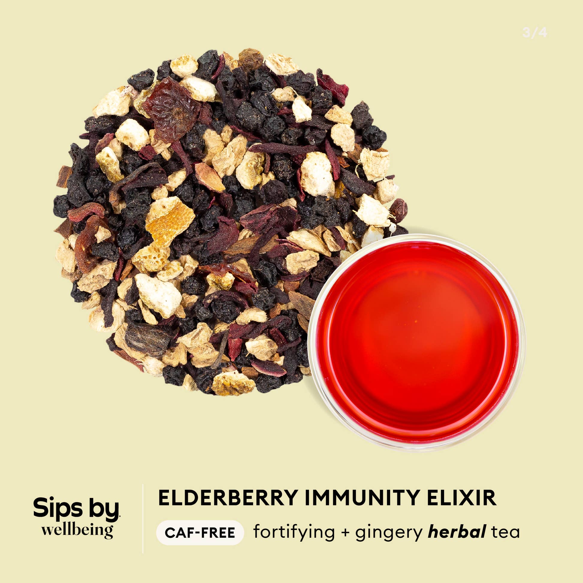 Sips by Wellbeing - Elderberry Immunity Elixir caf-free, fortifying + gingery infographic