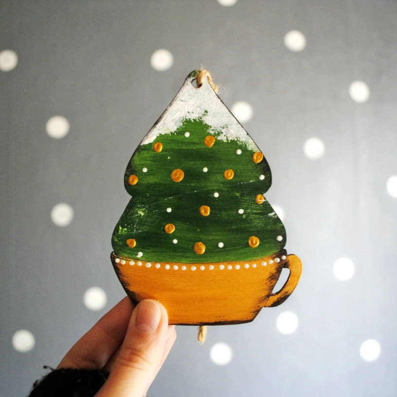 Handmade Christmas Tree in Yellow Teacup Wooden Ornament by HandyHappy