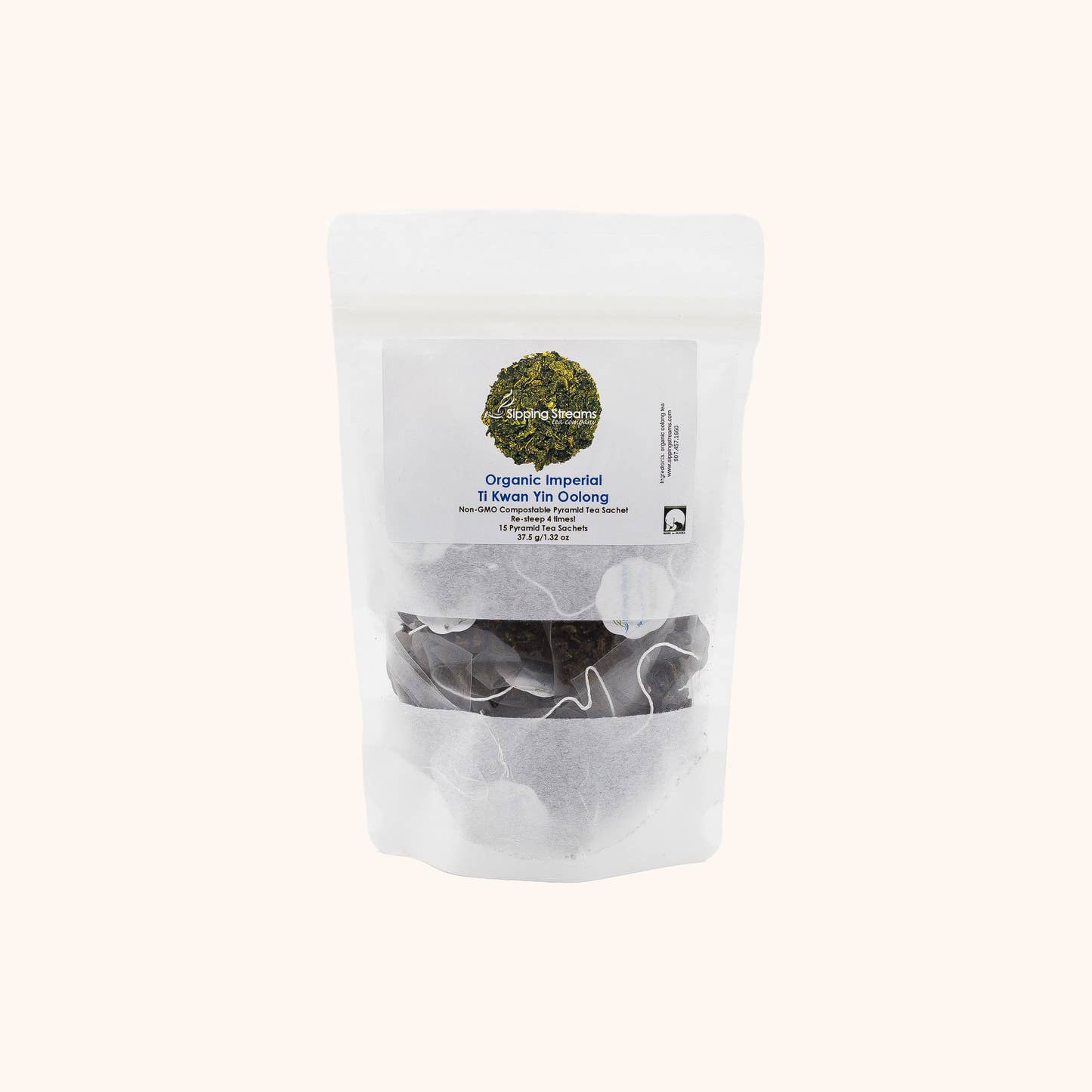 Organic Imperial Ti Kwan Yin by Sipping Streams Tea Company loose leaf oolong tea pyramid sachet pouch