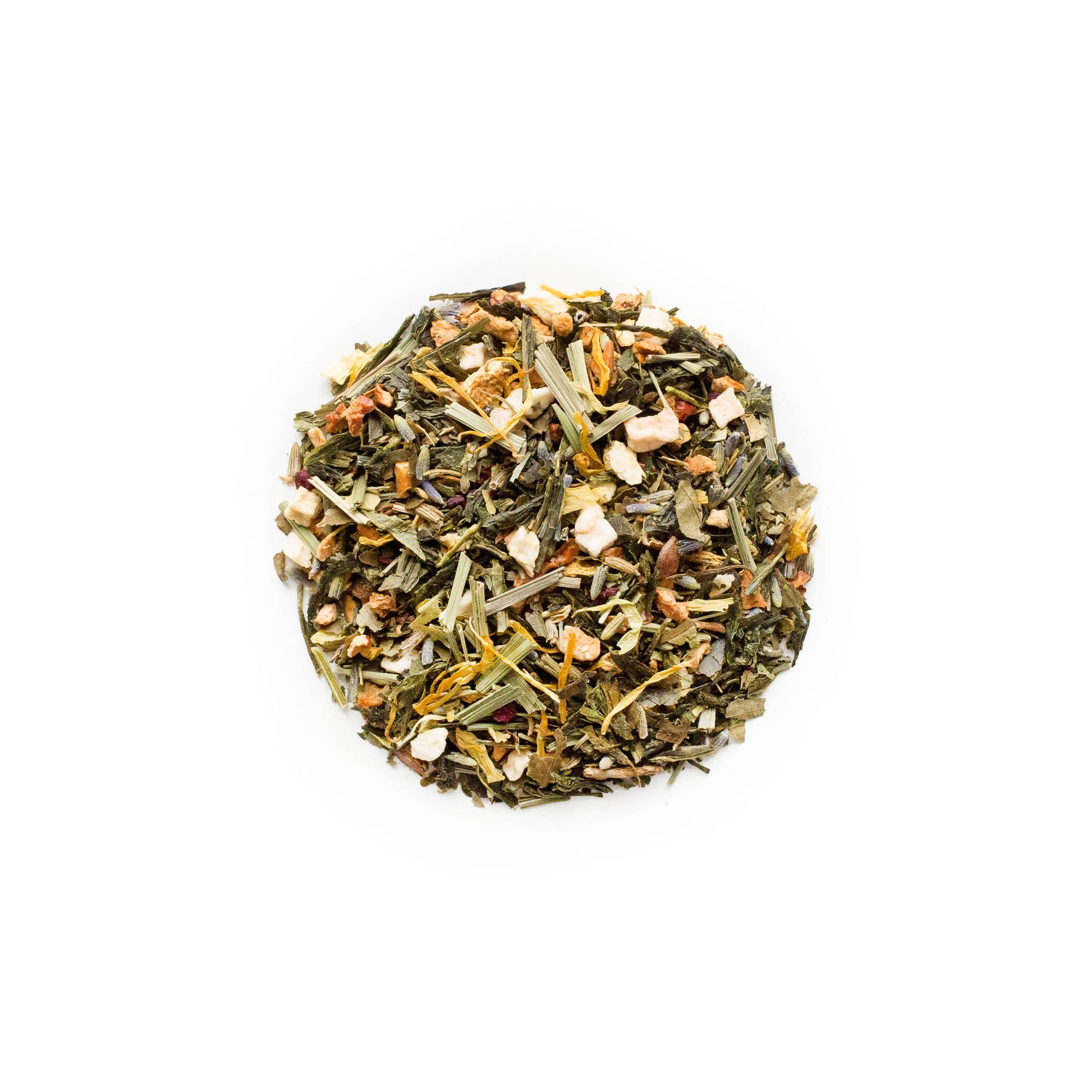 Circle of loose leaf Amalfi Lavender Limoncello tea on white background