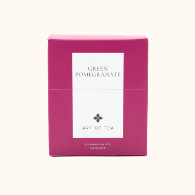 Pink and white tea box for Art of Tea's Green Pomegranate