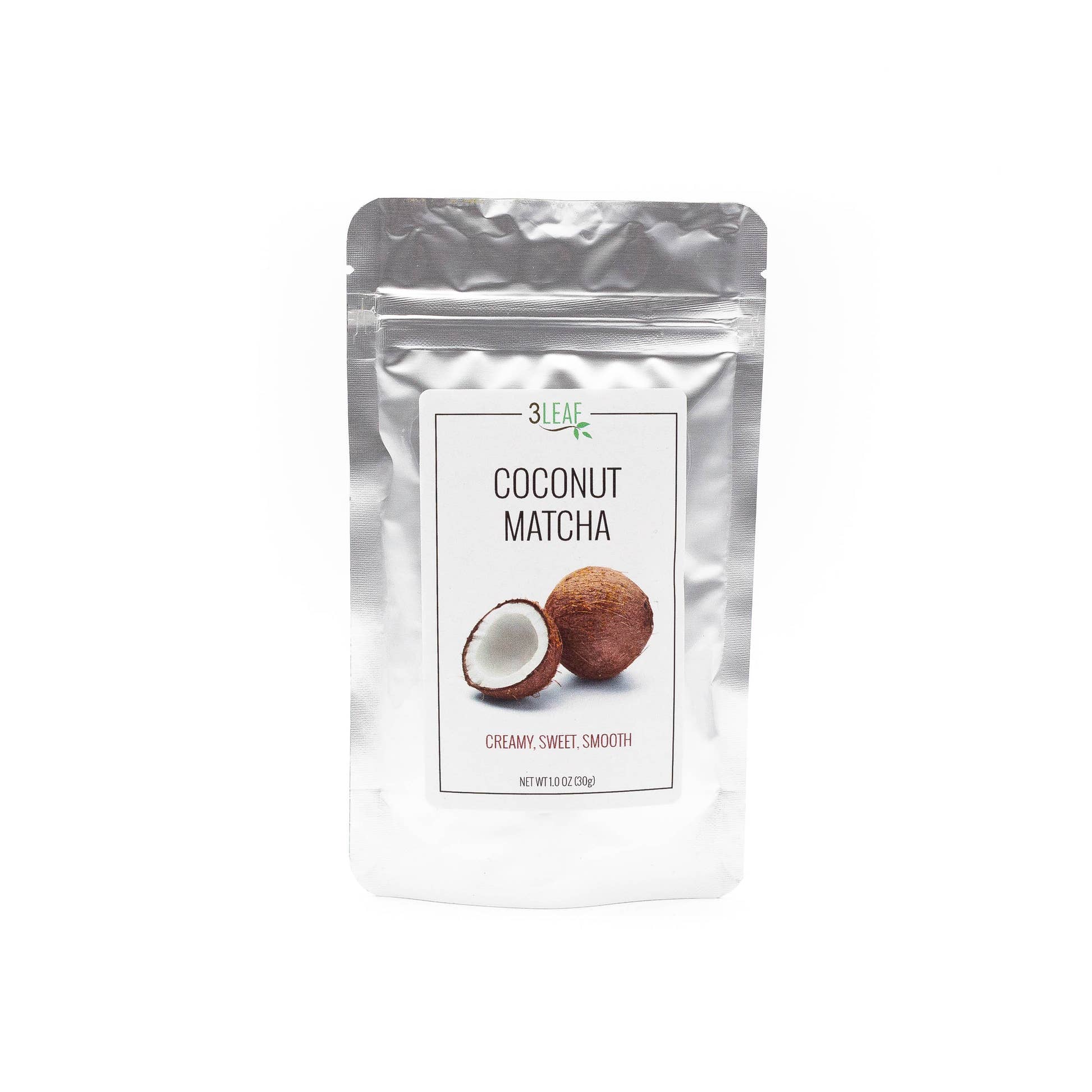 Silver pouch with 3 Leaf Coconut Matcha label with a coconut and tasting notes of creamy, sweet, and smooth