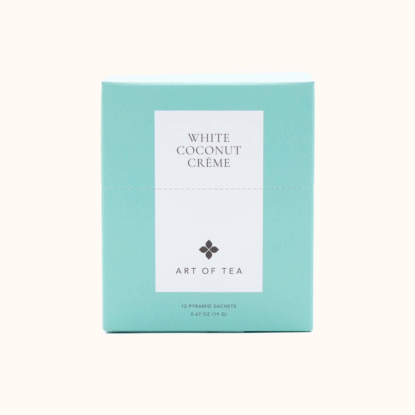 Turquoise and white tea box for Art of Tea's White Coconut Crème