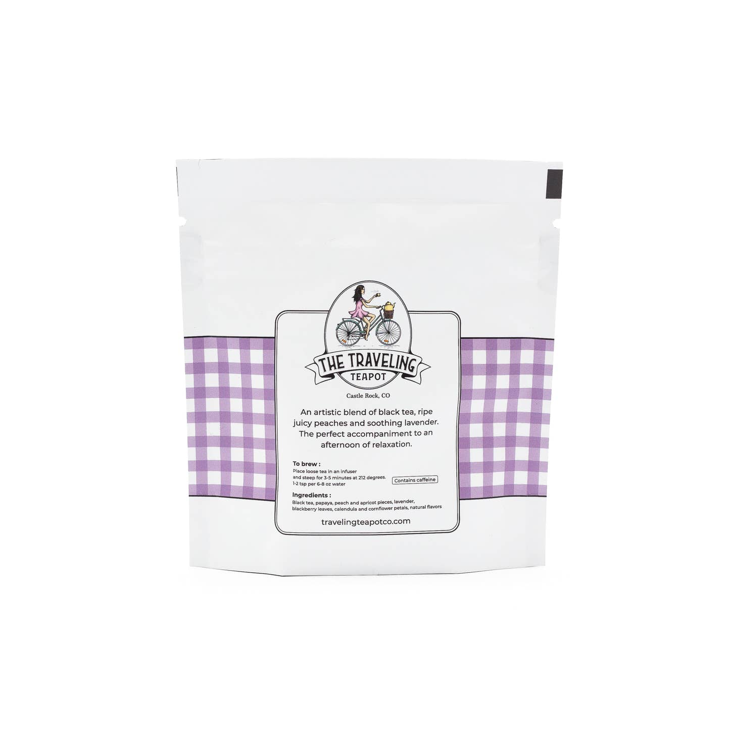 Back of Lavender Peach black tea blend by The Traveling Teapot white and purple gingham printed loose leaf tea pouch with a woman on a bicycle illustration, tea description, ingredients, and steeping instructions
