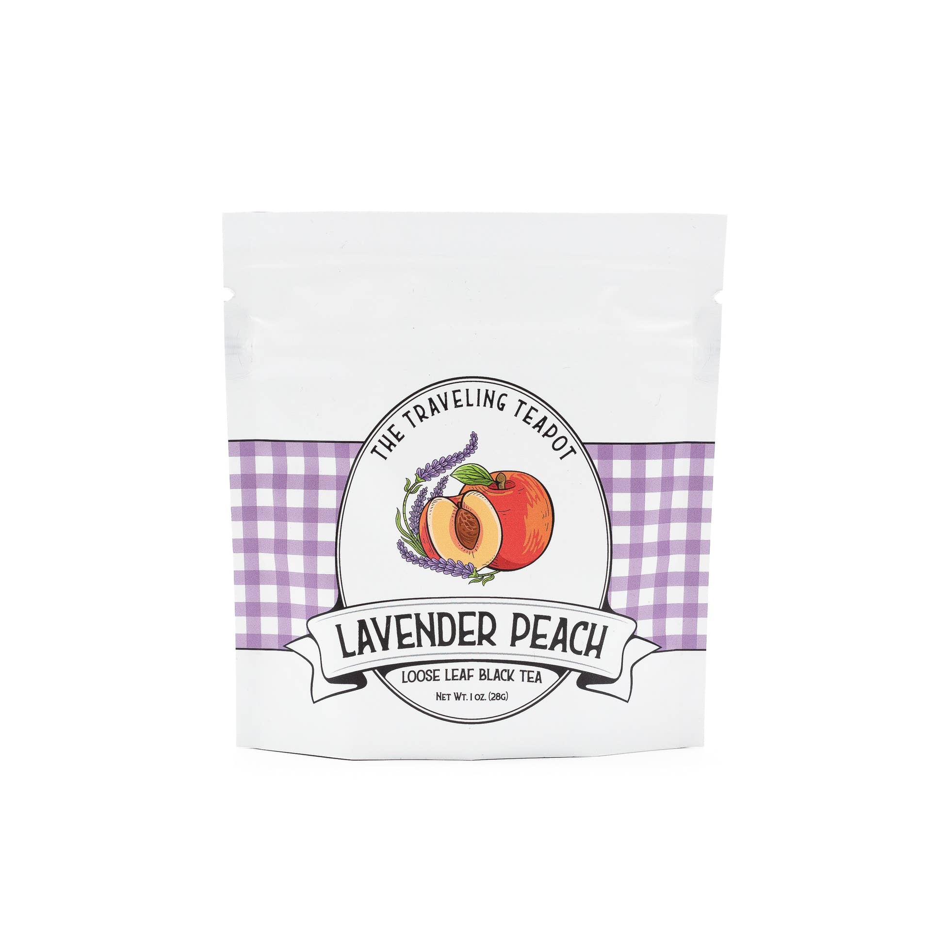 Lavender Peach black tea blend by The Traveling Teapot white and purple gingham printed loose leaf tea pouch with a peach and lavender illustration