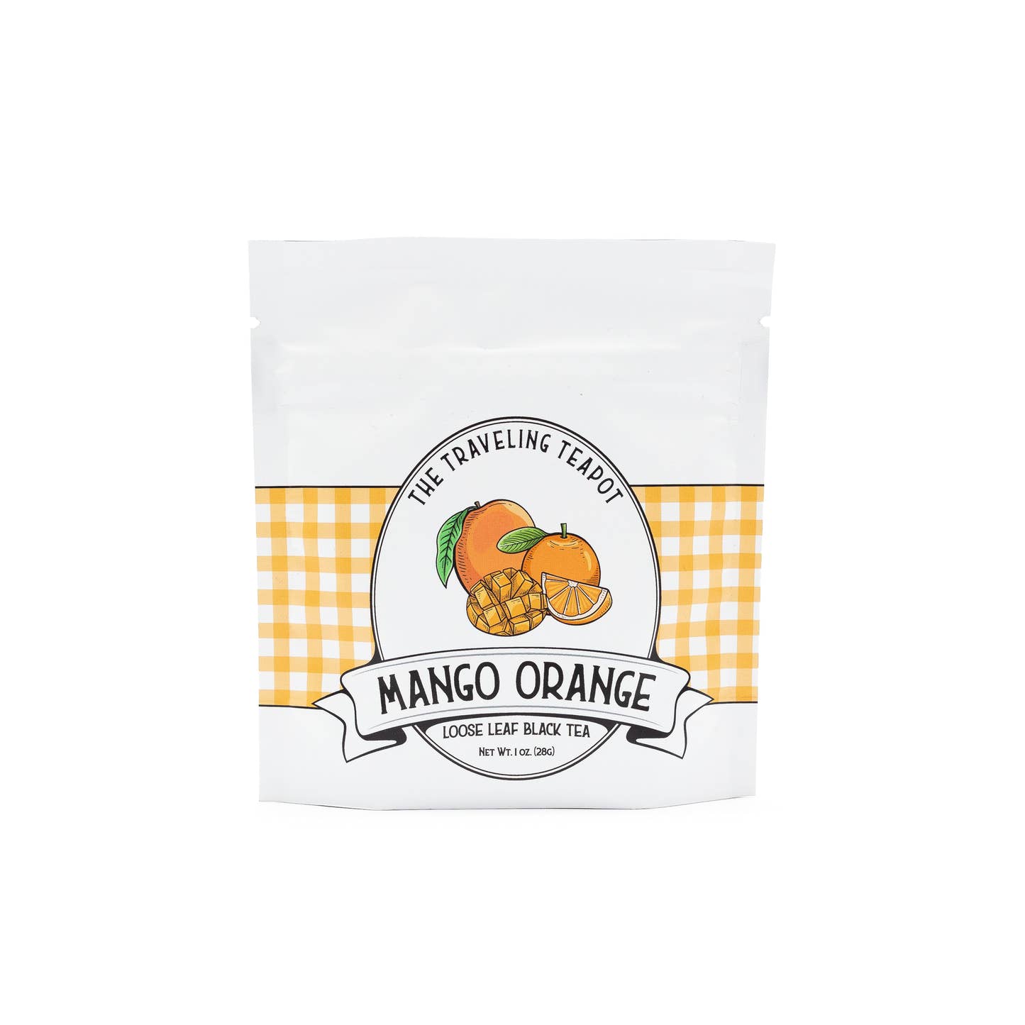 Mango Orange loose leaf black tea by The Traveling Teapot white and orange gingham printed loose leaf tea pouch