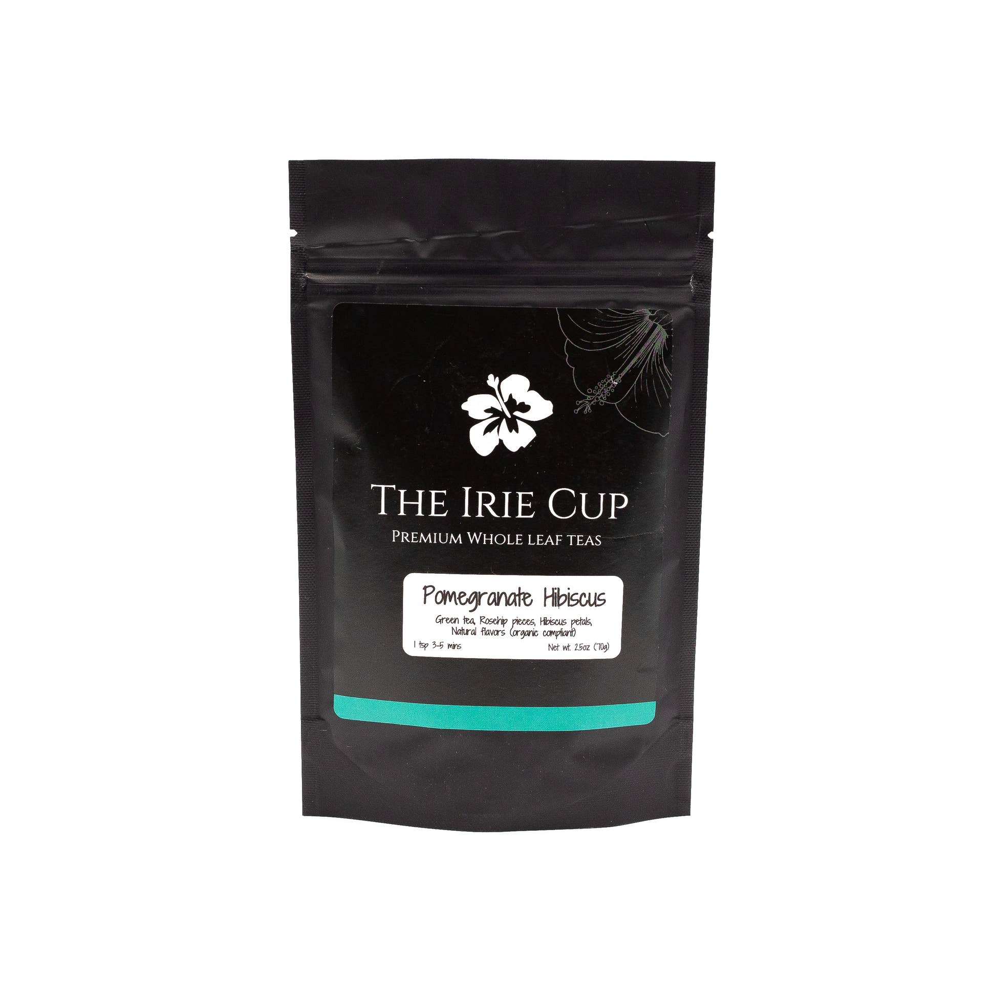 Pomegranate Hibiscus by The Irie Cup Premium Whole Leaf Teas black pouch with green tea