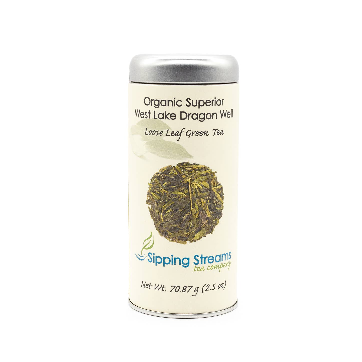 Organic Superior West Lake Dragonwell loose leaf tea tin by Sipping Streams Tea Company